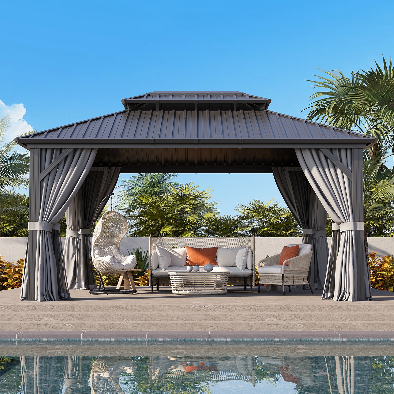 AOXUN AX-014G35 16-ft x 12-ft Outdoor Gazebos Black Gazebo with Hardtop Roof (Screen Included)