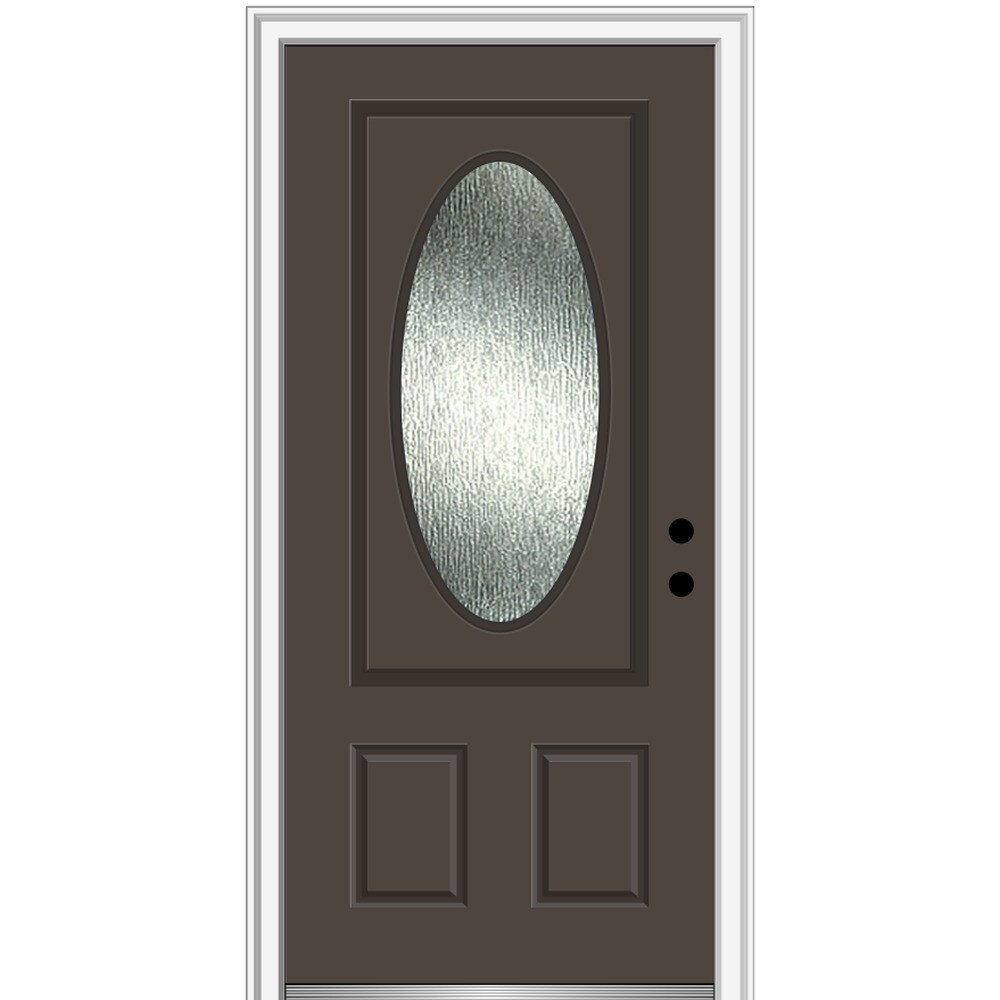 MMI DOOR ZZ367843L 36-in x 80-in x 4-9/16-in Fiberglass Oval lite Left-hand inswing Brown Painted Prehung Front Door with Brickmould Insulating core