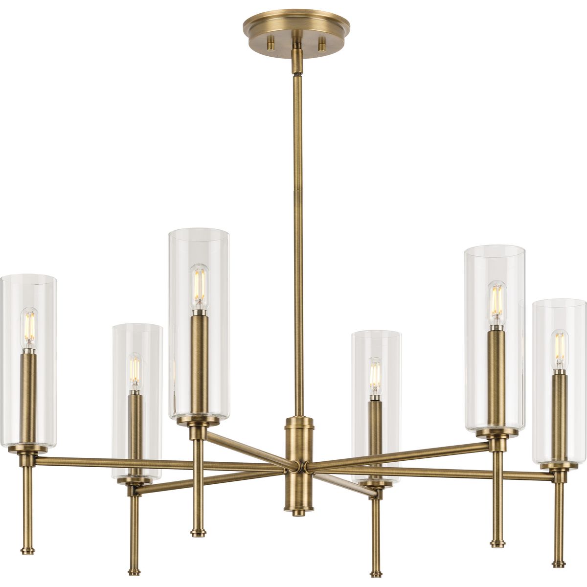 Elara Vintage Brass 6-Light Chandelier with Clear Glass Shades