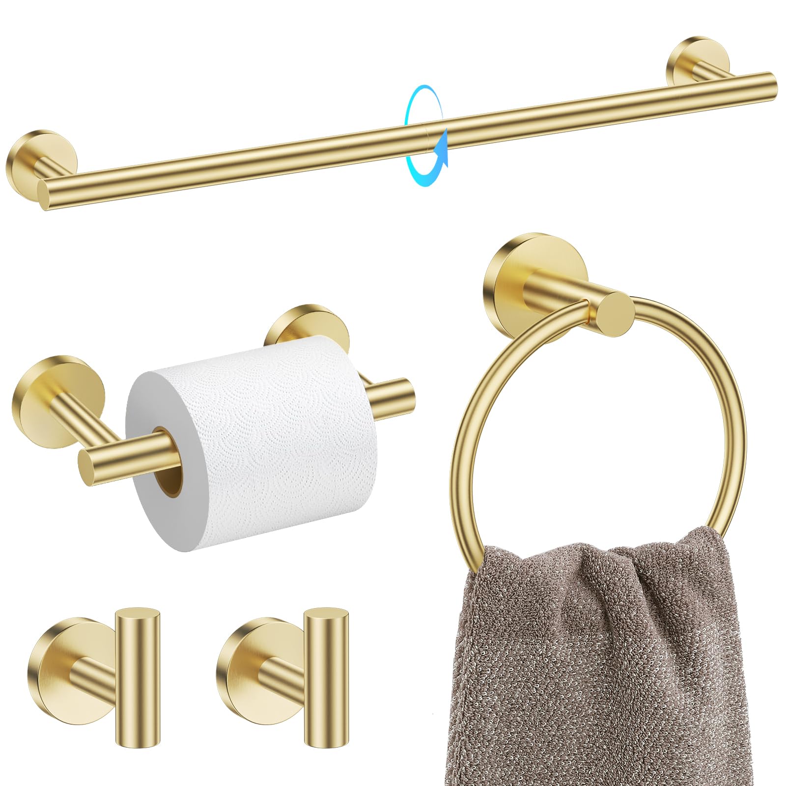 TNSO - Brushed Gold 5 Pieces Set B SUS304 Stainless Steel Bathroom Hardware Kit Wall Mounted Towe...