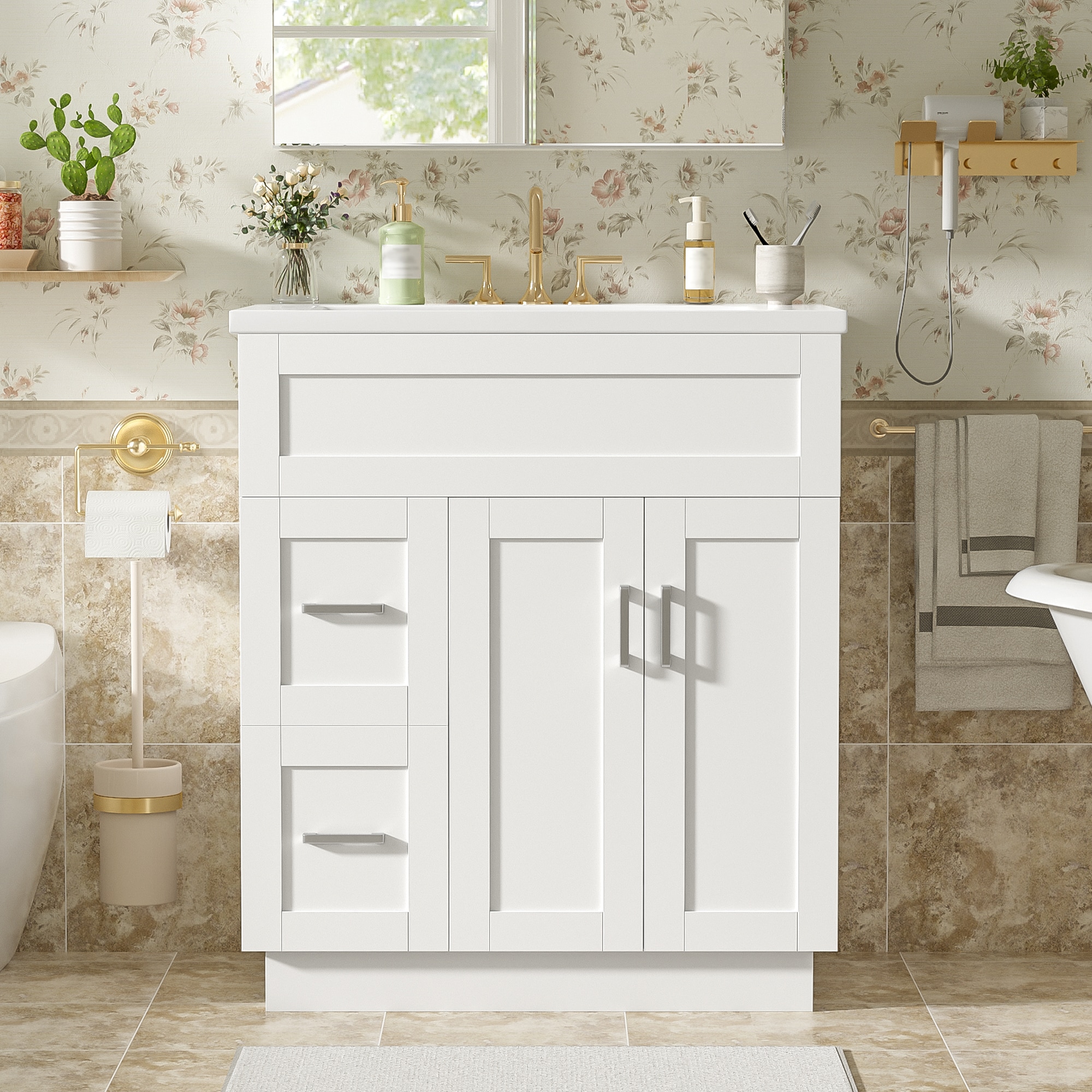 GDFStudio Transitional 30 in Freestanding Bathroom Vanity with Resin Top Sink Adjustable Shelves and Soft Close Storages - White