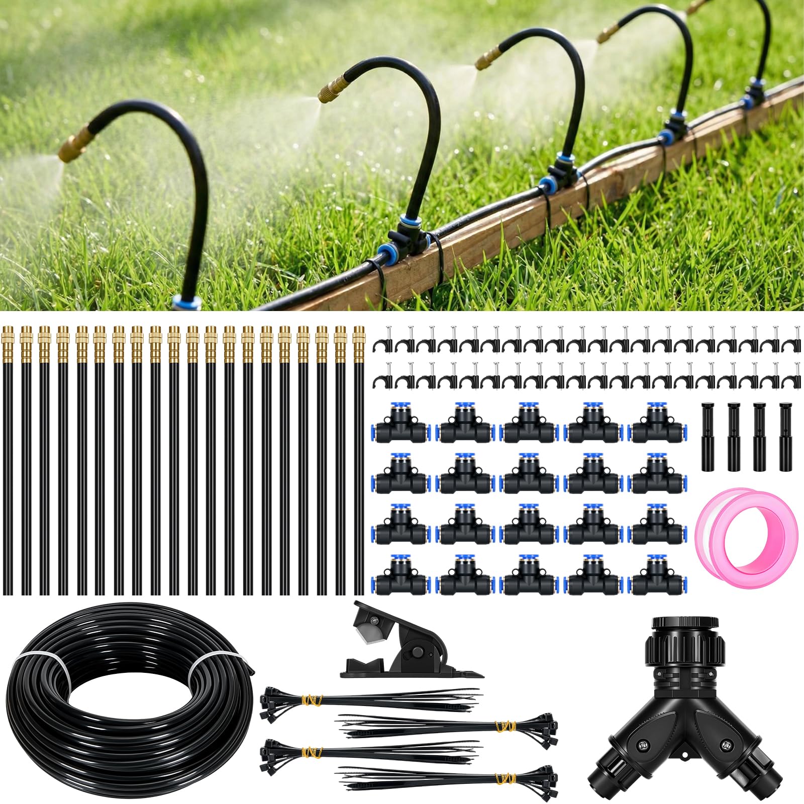 ITOPFOX  100Ft Adjustable Drip Irrigation System Kit with 20 Brass Nozzles and Quarter Inch PE Tubing for Lawn Greenhouse Raised Bed Flower Bed