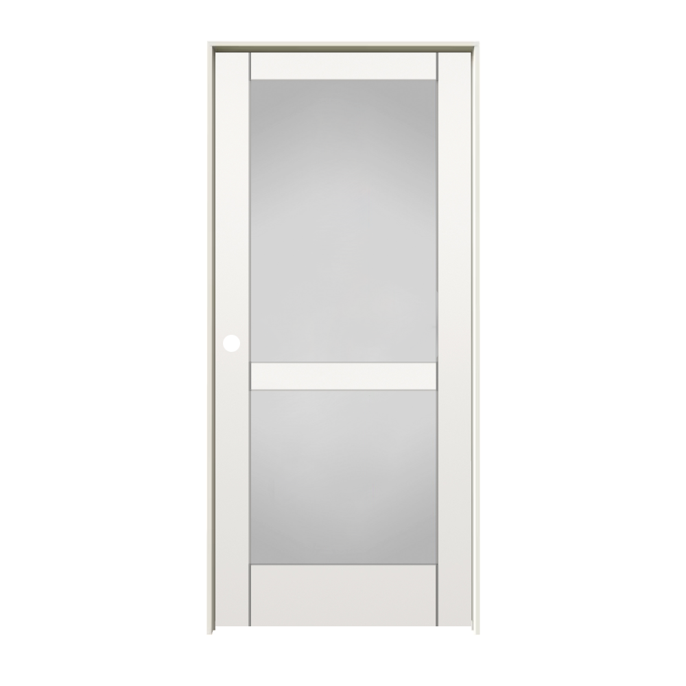 RELIABILT 10129114 32-in x 80-in primed Solid core 2-panel square Frosted glass Right hand Smooth Primed MDF Flat Jamb Single Prehung Interior Door
