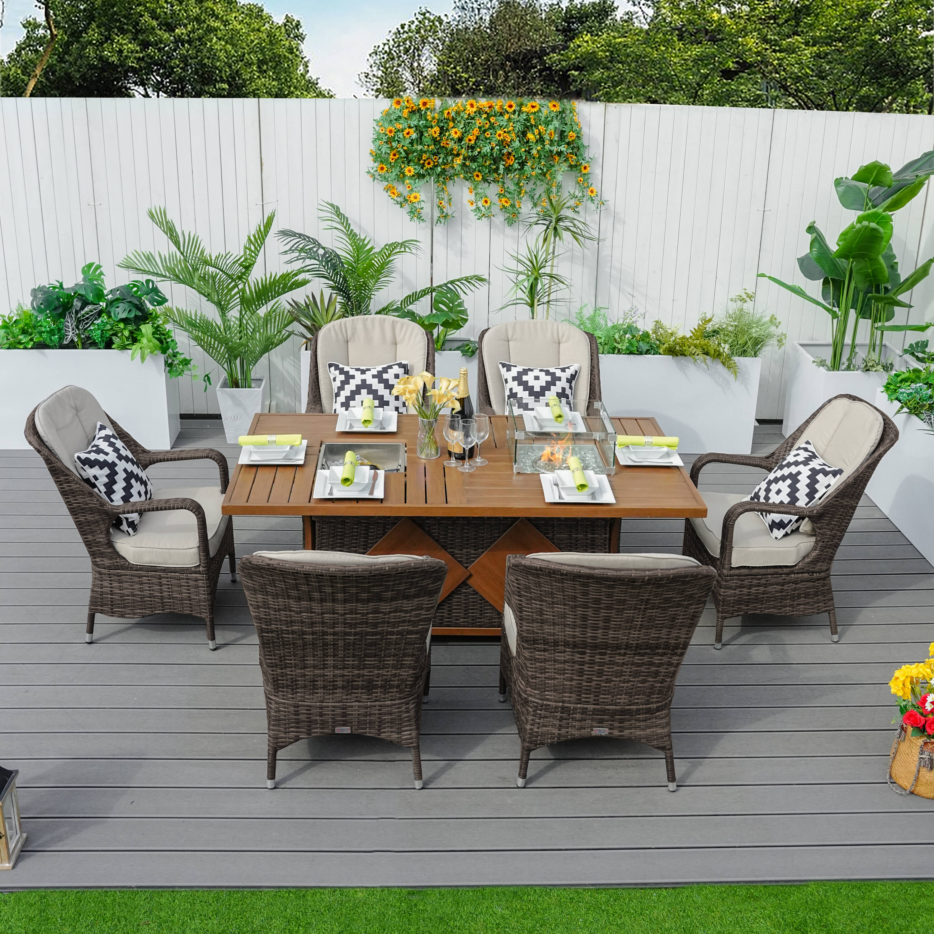 Direct Wicker DWG-1106FI-BR Flame 7 -Piece Brown Wicker Patio Dining Set Wicker Rectangle Table with 6 Tan Cushions Stationary Chairs Fire Pit Included