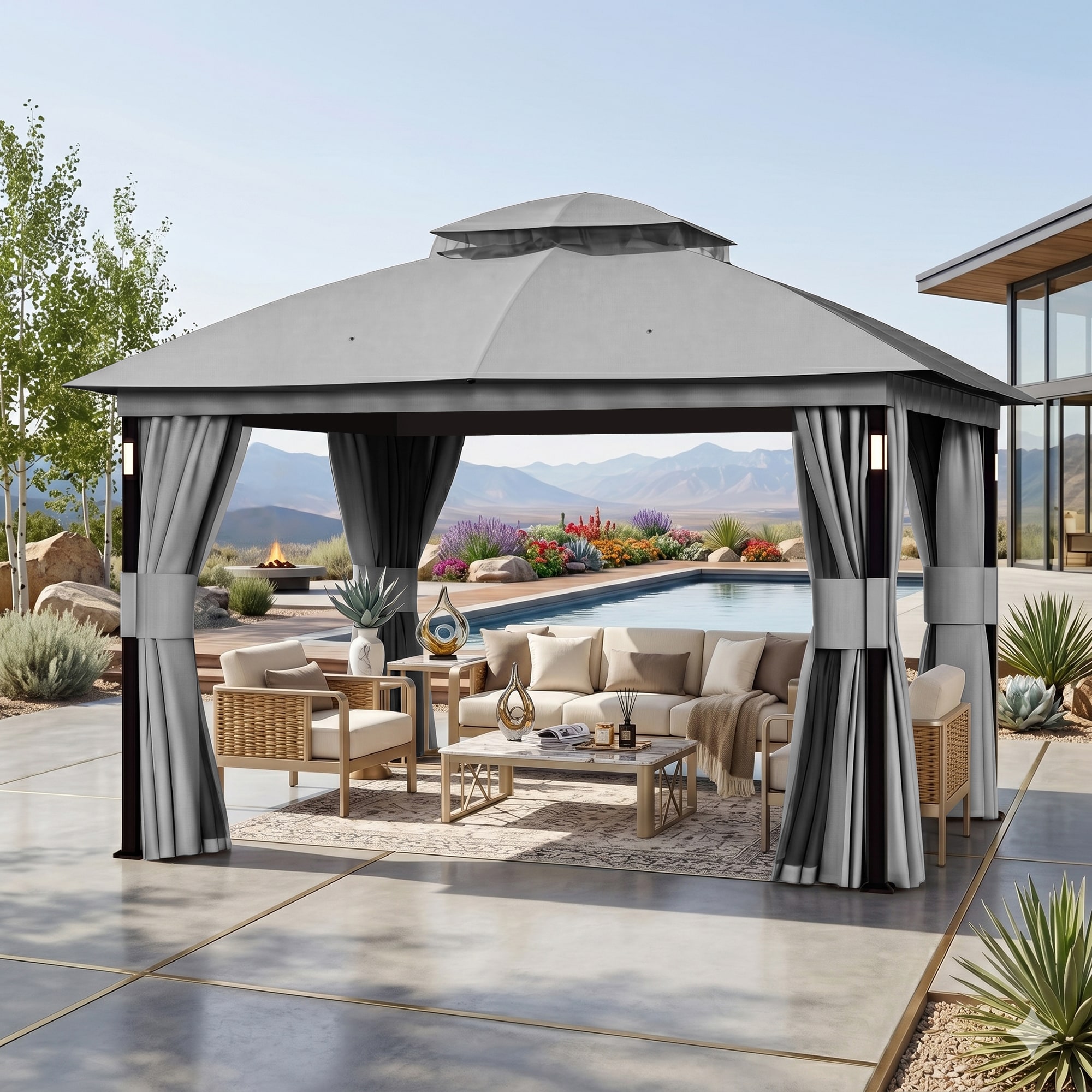 COVERED OUTDOOR OUTDOOR LIVING SPACES - 10 ft x 12 ft Soft Top Gazebo Outdoor Canopy with LED Lig...