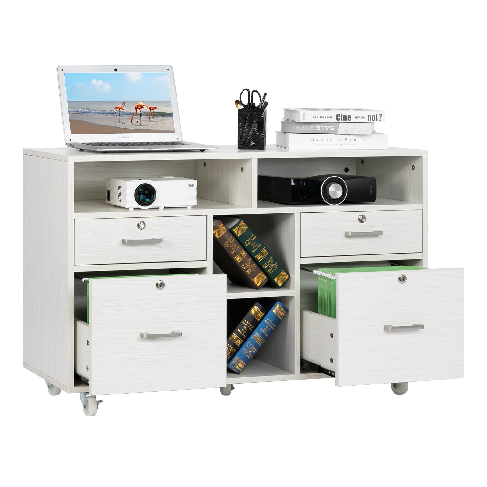 VINGLI 4-Drawer Lateral White Rolling Lockable Rolling File Cabinet with Open Shelves