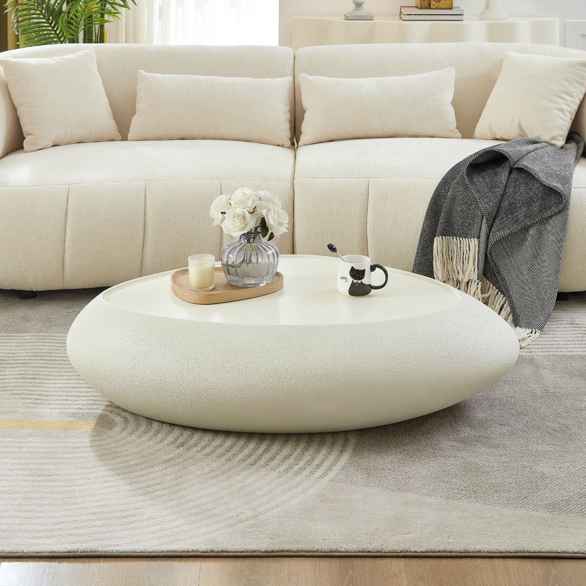Horizons Prime 47 inch White Fiberglass Oval Coffee Table with Faux Matte Rocks Finish and Raised Edge Design