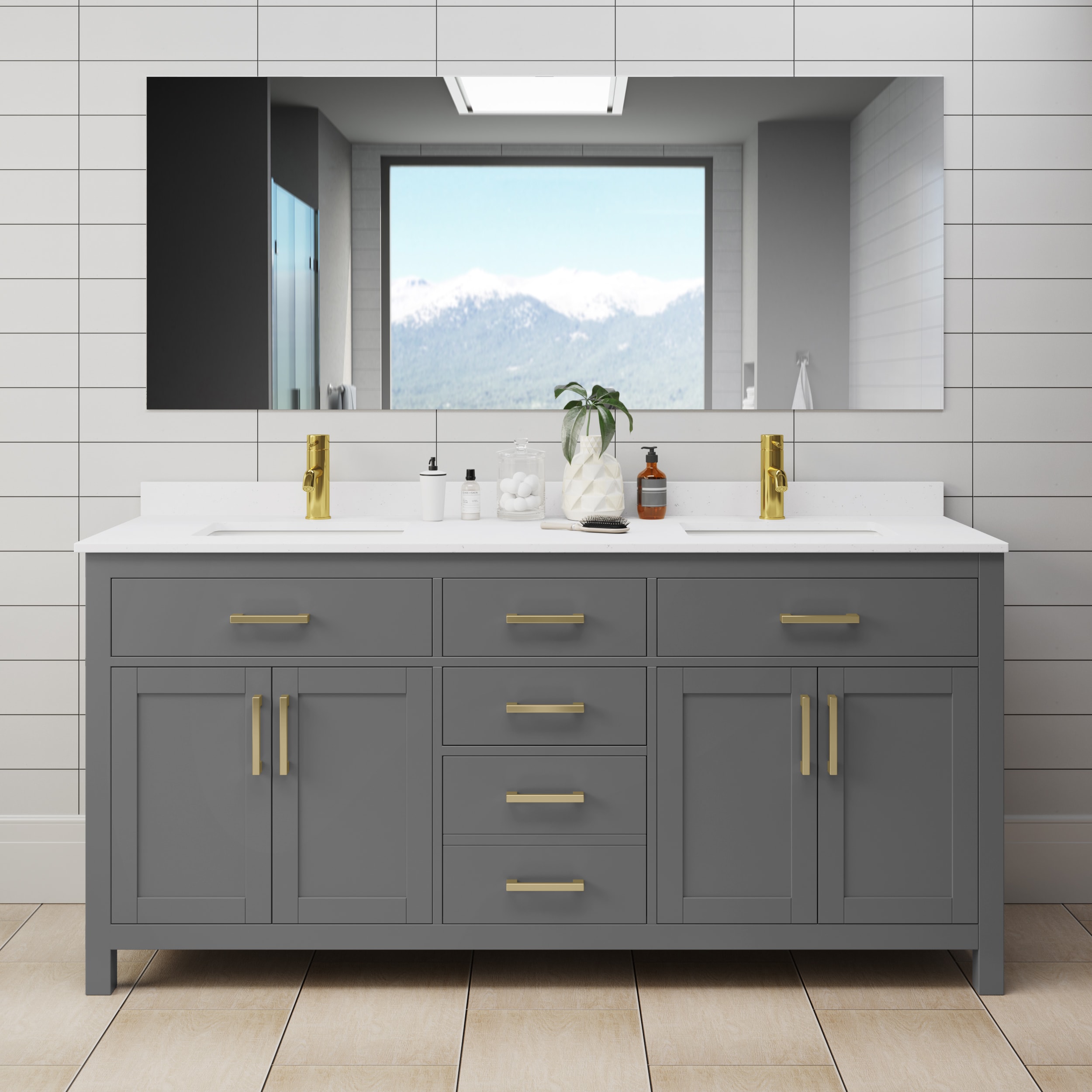 Wyndham Collection WCG242472DGGWCUNSMXX Beckett 72-in Dark Gray with Brushed Gold Trim Undermount Double Sink Bathroom Vanity with White Cultured Marble Cultured Marble Top