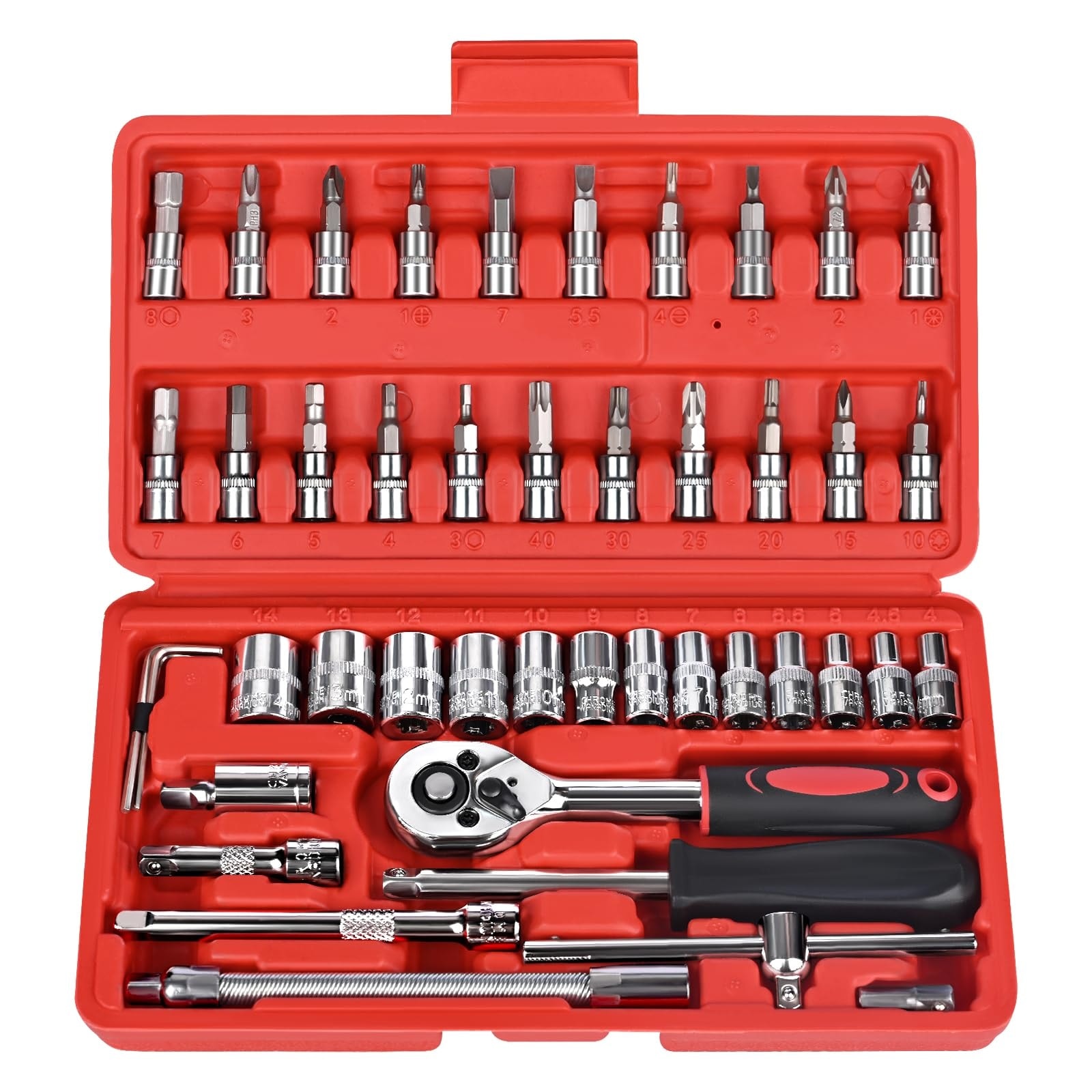 Etokfoks  46pcs Socket Ratchet Wrench Set 1 4 Inch Drive with Bit Sockets Extension Bar Storage Case for Car Home