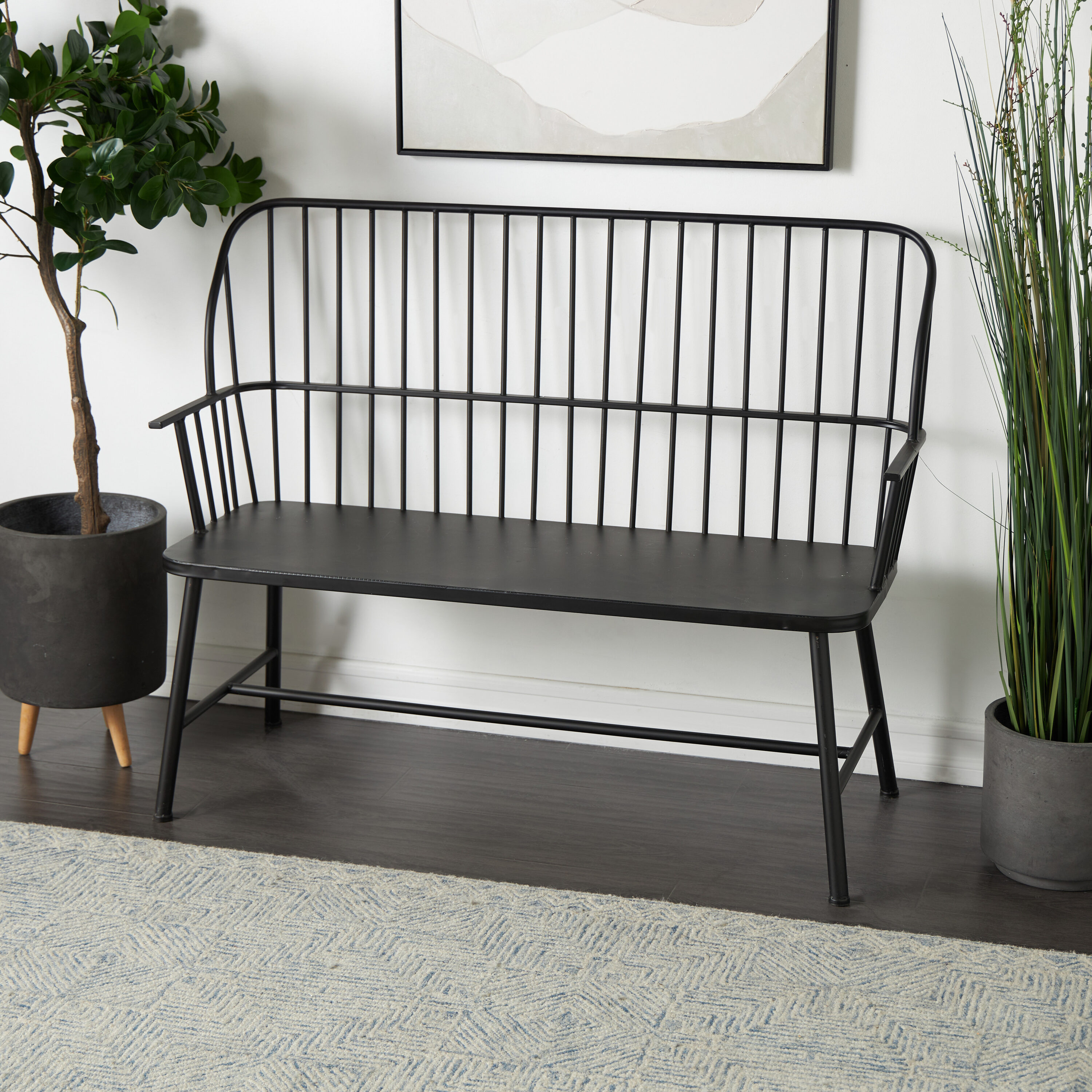 Grayson Lane 86945 Country Black Grill Style High Back Frame with Trestle Legs and Armrests Accent Bench 48-in x 19.0-in x 38.0-in