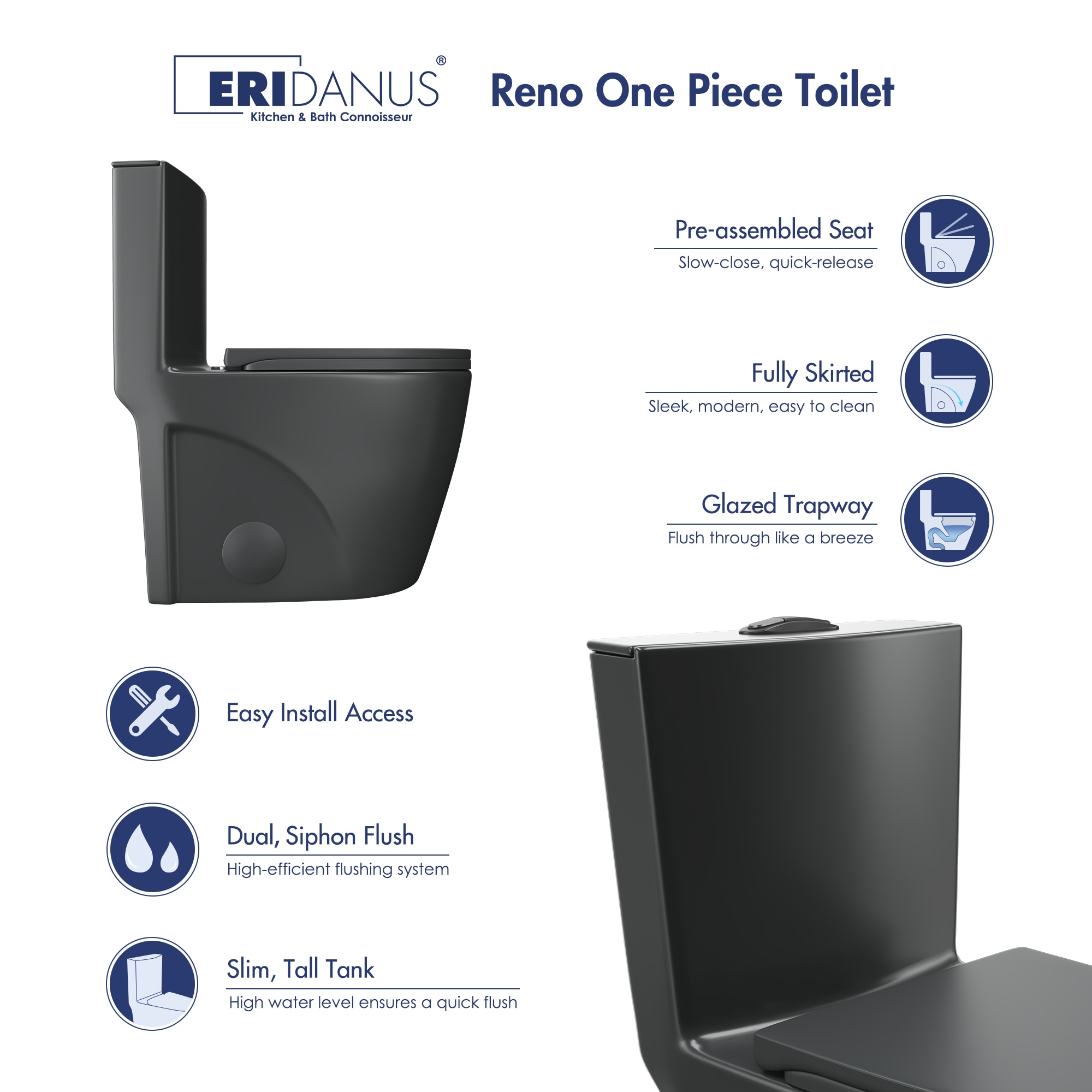 Reno Matte Black Elongated Dual Flush One-Piece Toilet