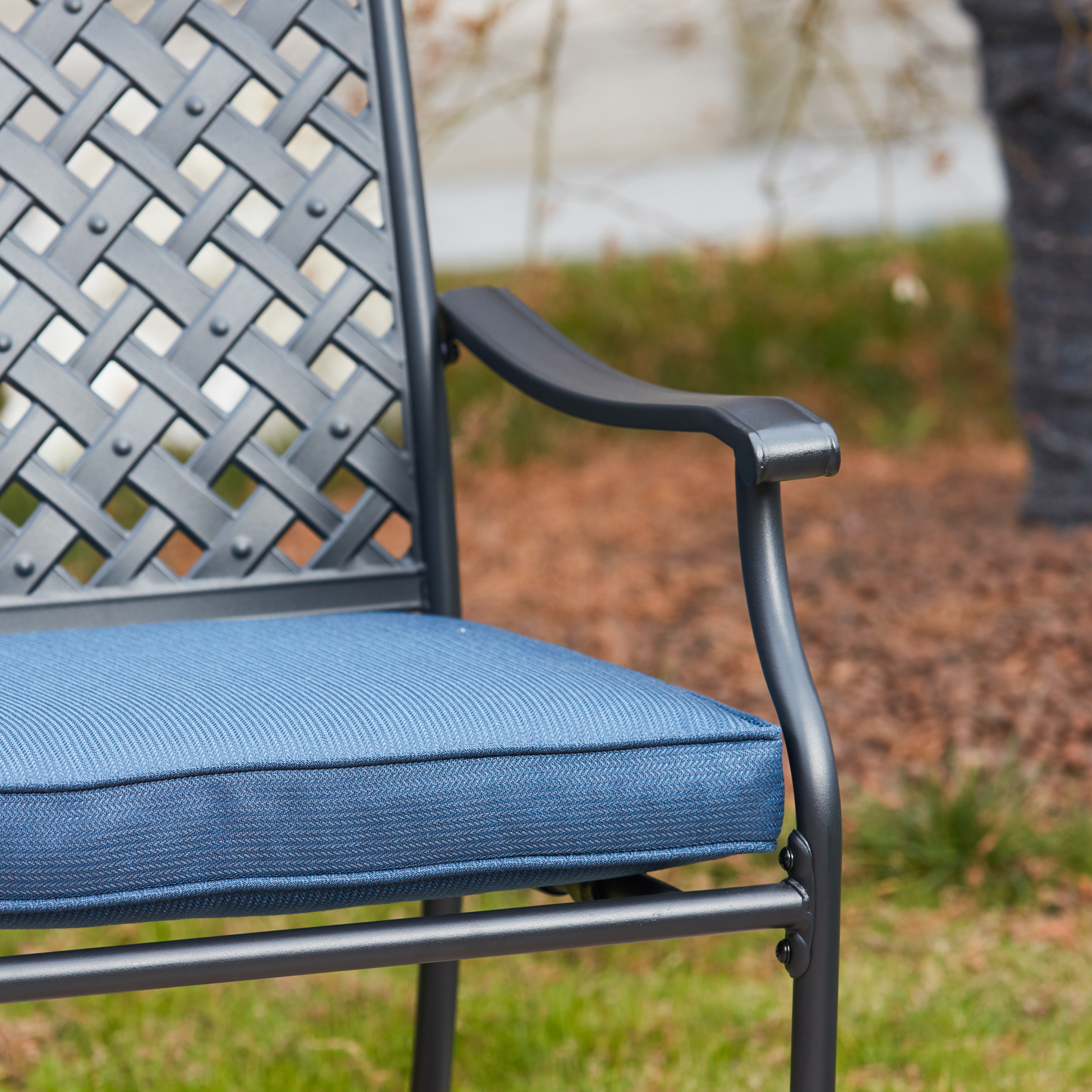 Black Steel Frame Dining Chairs with Blue Cushions, Set of 4