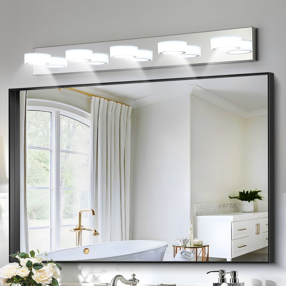 Blisstyle 37 Inch Modern 5 Light LED Vanity Light Fixture Chrome Finish with Acrylic Light Shades Energy Efficient Bathroom Wall Sconce Dimmable for Mirror Shower and Bathroom Decor Lighting Living Room Lighting Chrome Iron