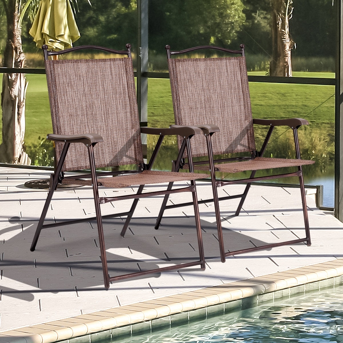 SUGIFT - Folding Sling Back Deck Chairs Set of 2 Patio Camping Chairs with Steel Frame 264-lb Cap...