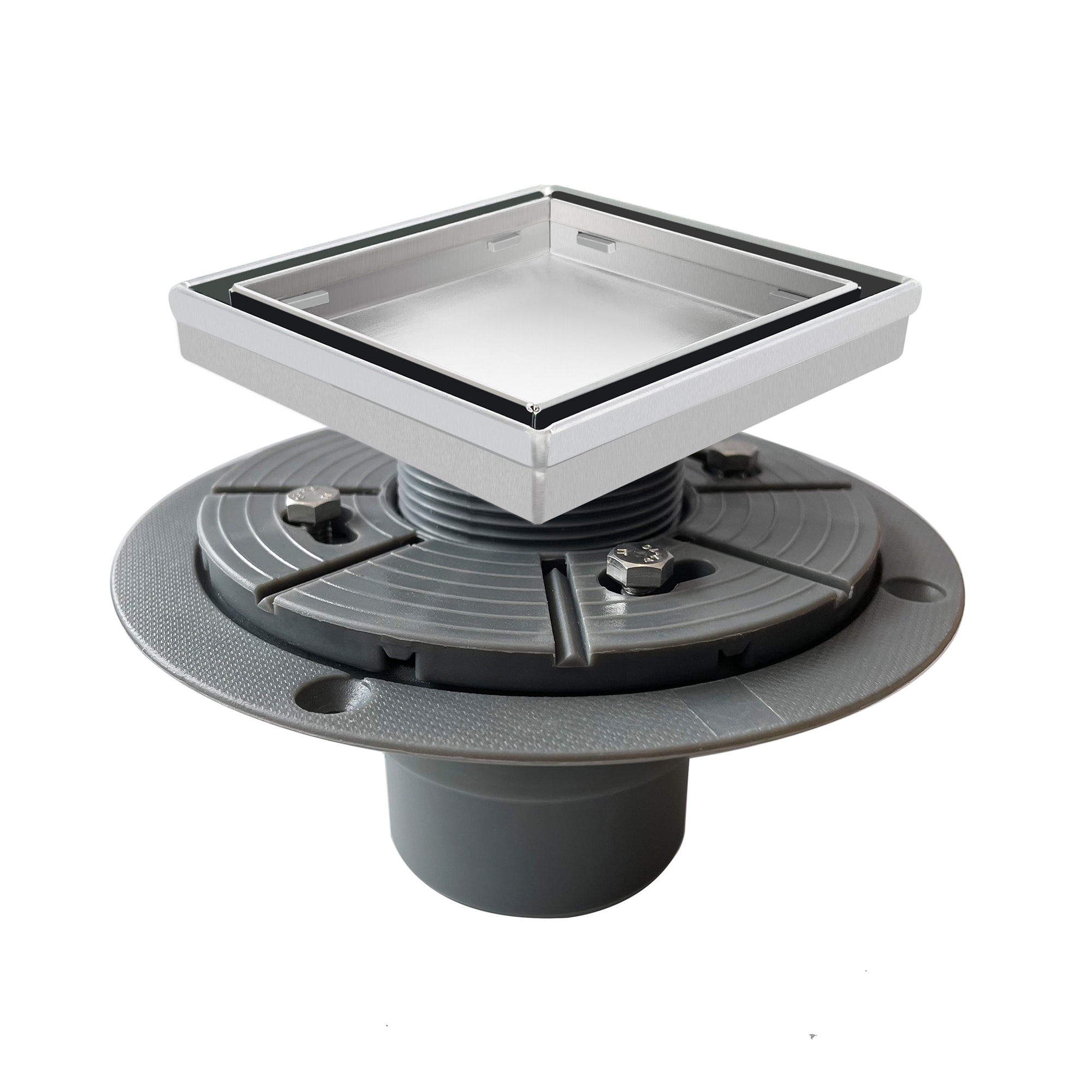 Neodrain ZS3-4-T02-BR-PVC3 4-in x 4-in Stainless Steel Square Shower Drain with Tile-In Pattern Surface and PVC Drain Base