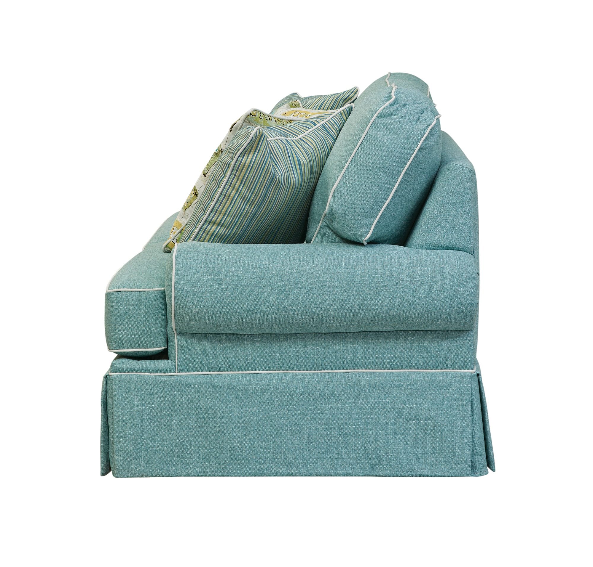 Aqua Linen Round Arm Sofa with Coastal Pillows
