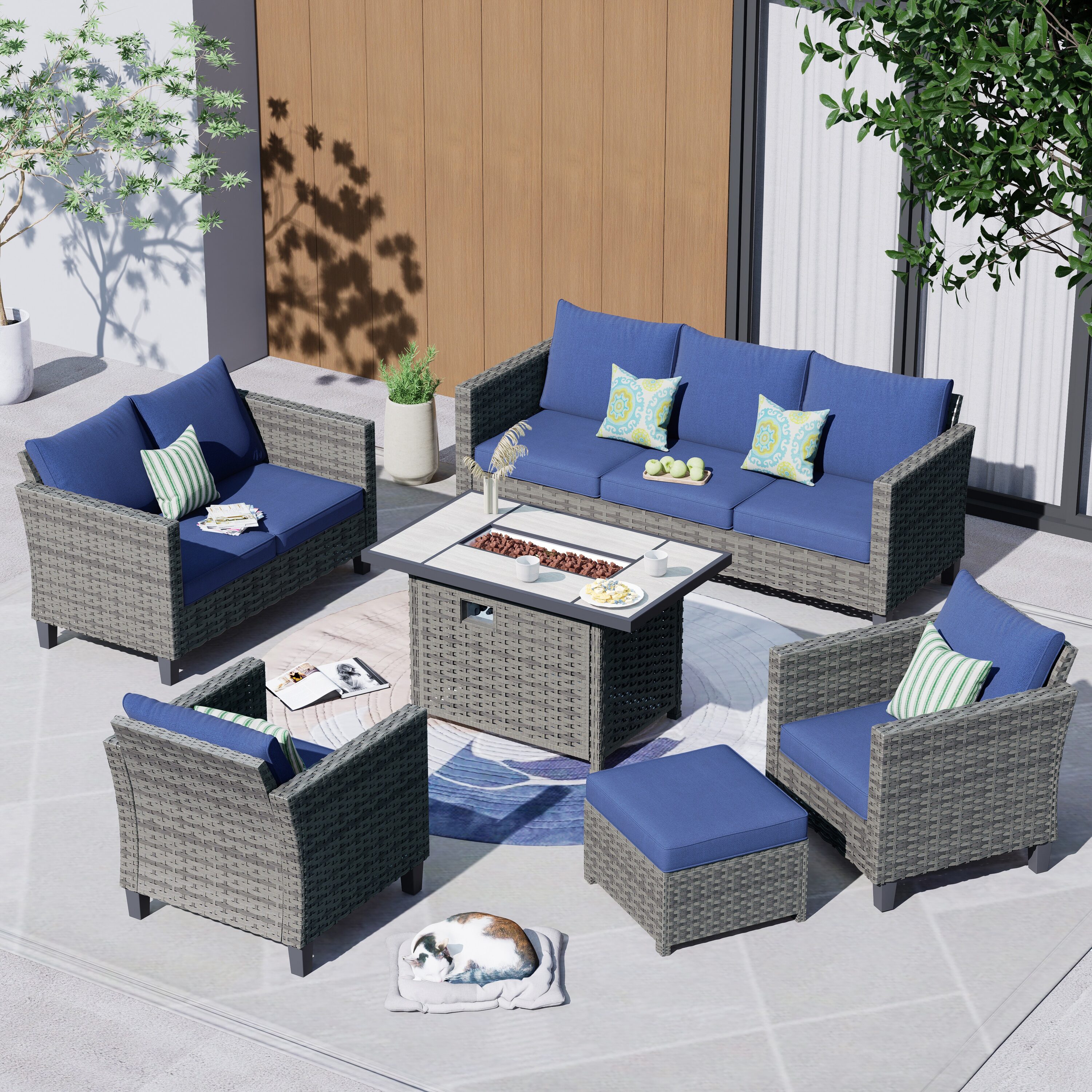 Pouuin SRFPGRS106 7-Piece Rattan Patio Conversation Set with Black Cushions