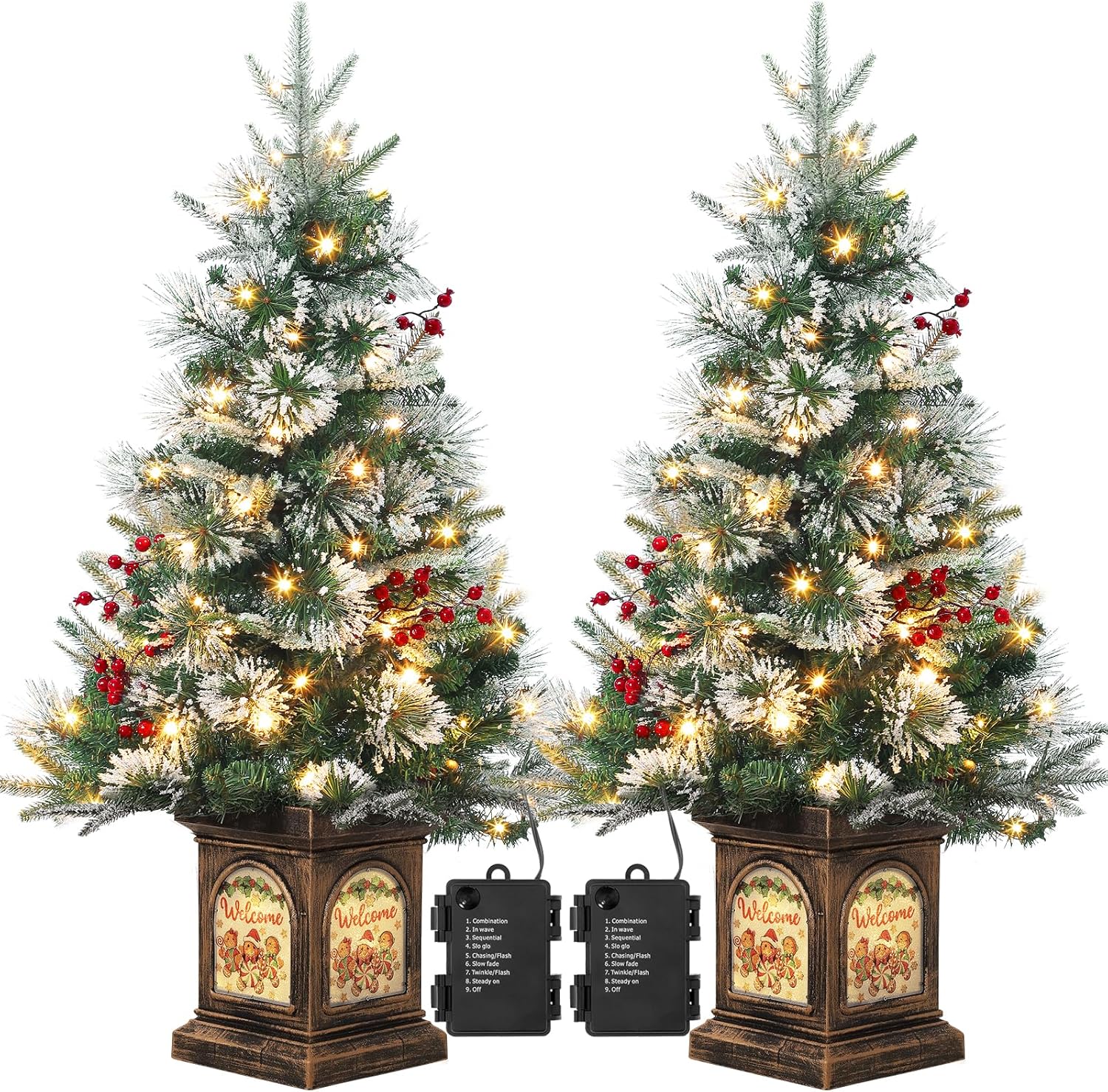 Qeetex LXL-PHO-0WIHY7ML Christmas Tree 3 FT Prelit Artificial Snow Flocked White 78 LED 8 Modes Battery Powered Gingerman Base 2 Pack Home Office Indoor Outdoor Holiday Decoration