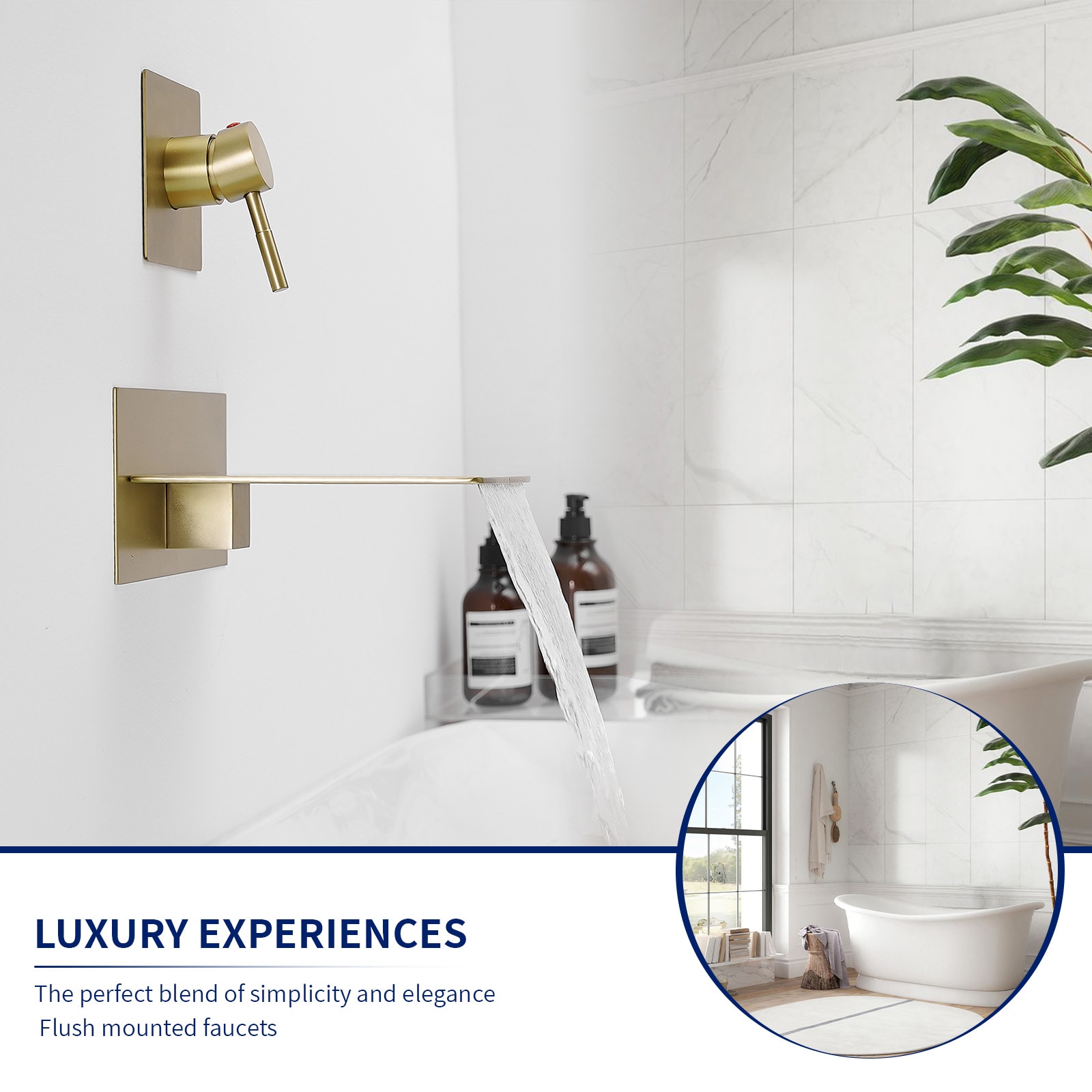 Brushed Gold Wall-Mount Waterfall Bathtub Faucet with Lever Handle