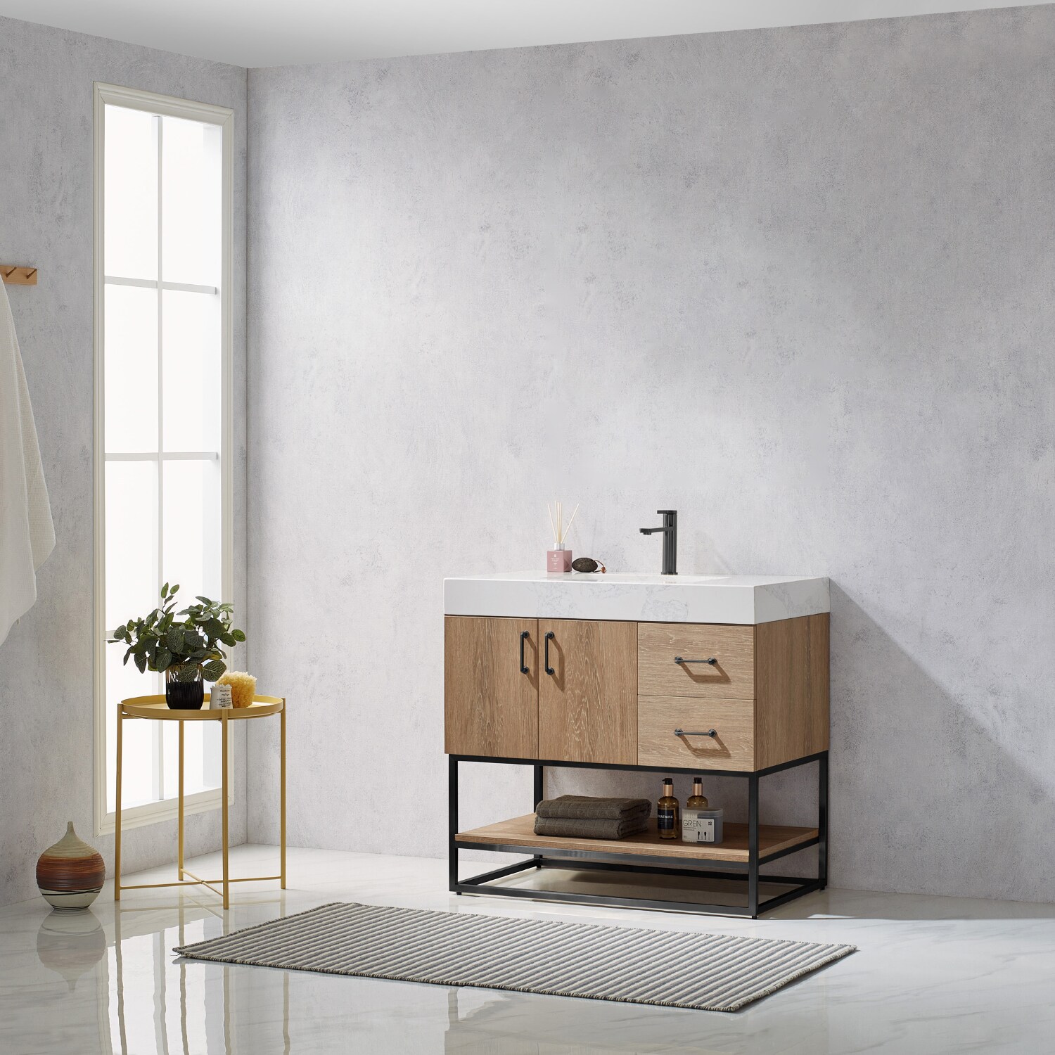 Alistair 36" Oak Single Vanity with White Stone Top and Matte Black Frame