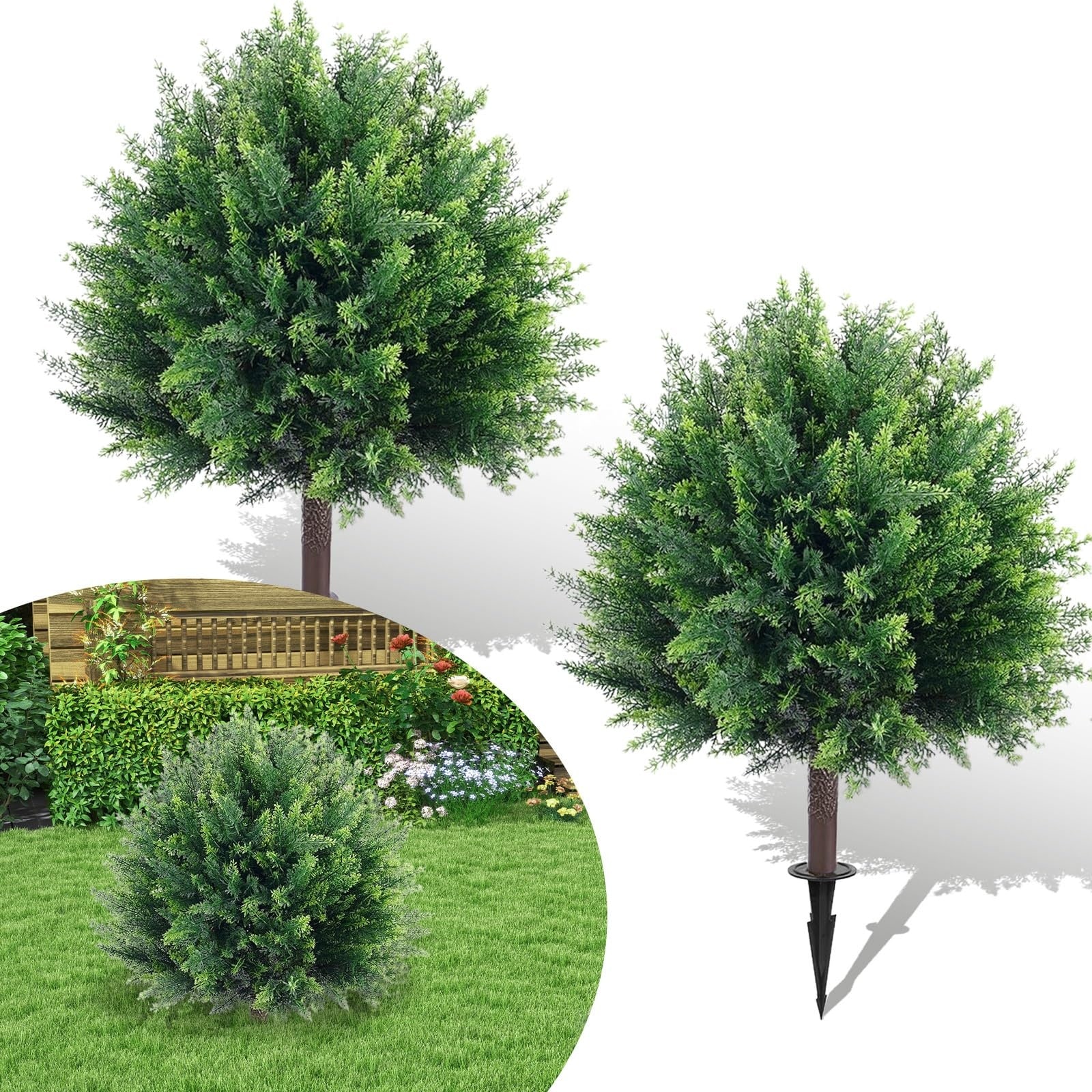 Aoibox  Artificial Topiary Ball Trees Pack of 2 25 6 Inch Red Rose Faux Shrubs with Ground Spike for Porch Decor