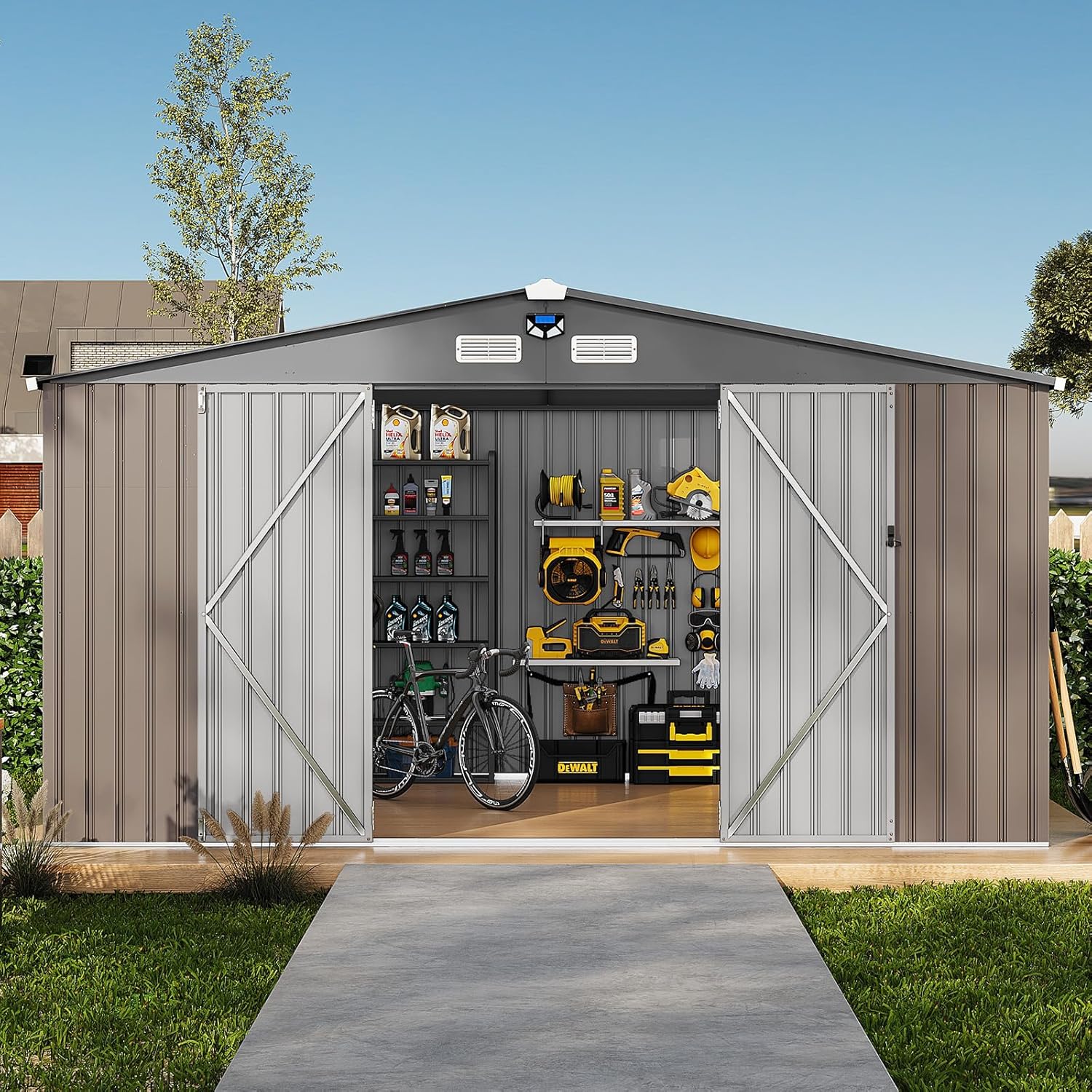 Qeetex SUN-PPG-3386UAI1 12 x 10 ft Outdoor Metal Storage Shed with Windows and Lockable Doors Heavy-Duty Garden Tool Shed Brown
