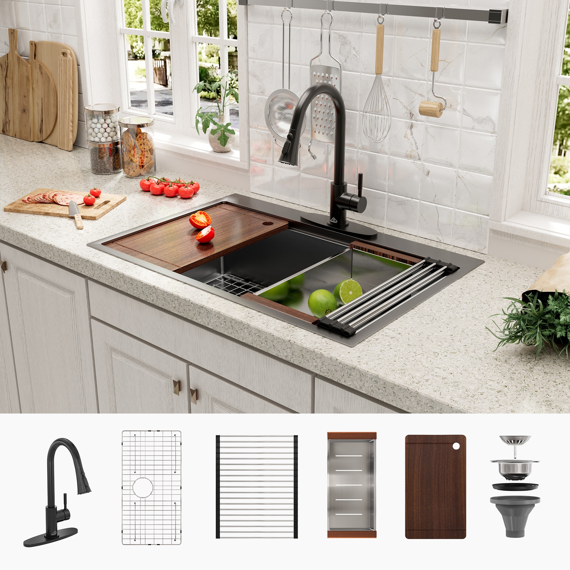 CASAINC CAKE07015B33M11 Drop-in 33-in x 22-in Stainless steel Single bowl 18 -Gauge Workstation Kitchen Sink All-in-One Kit with Drainboard