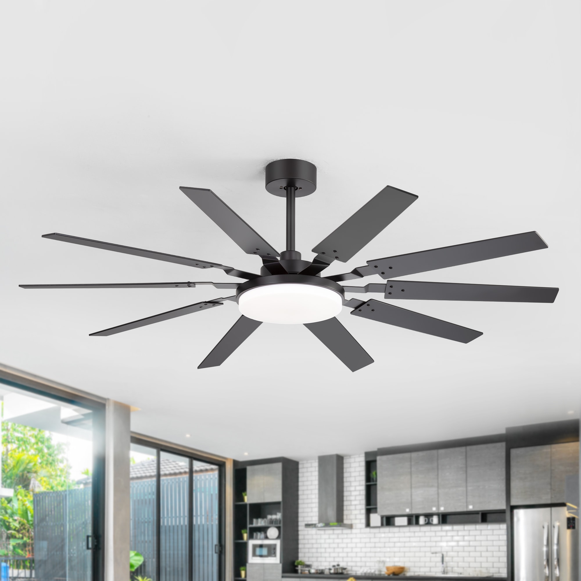 Breezary 35083-BK Modern Industrial 60-in Color-Changing Integrated LED Matte Black with Deep Walnut and Black Blades Ceiling Fan With Light 10 -Blade )
