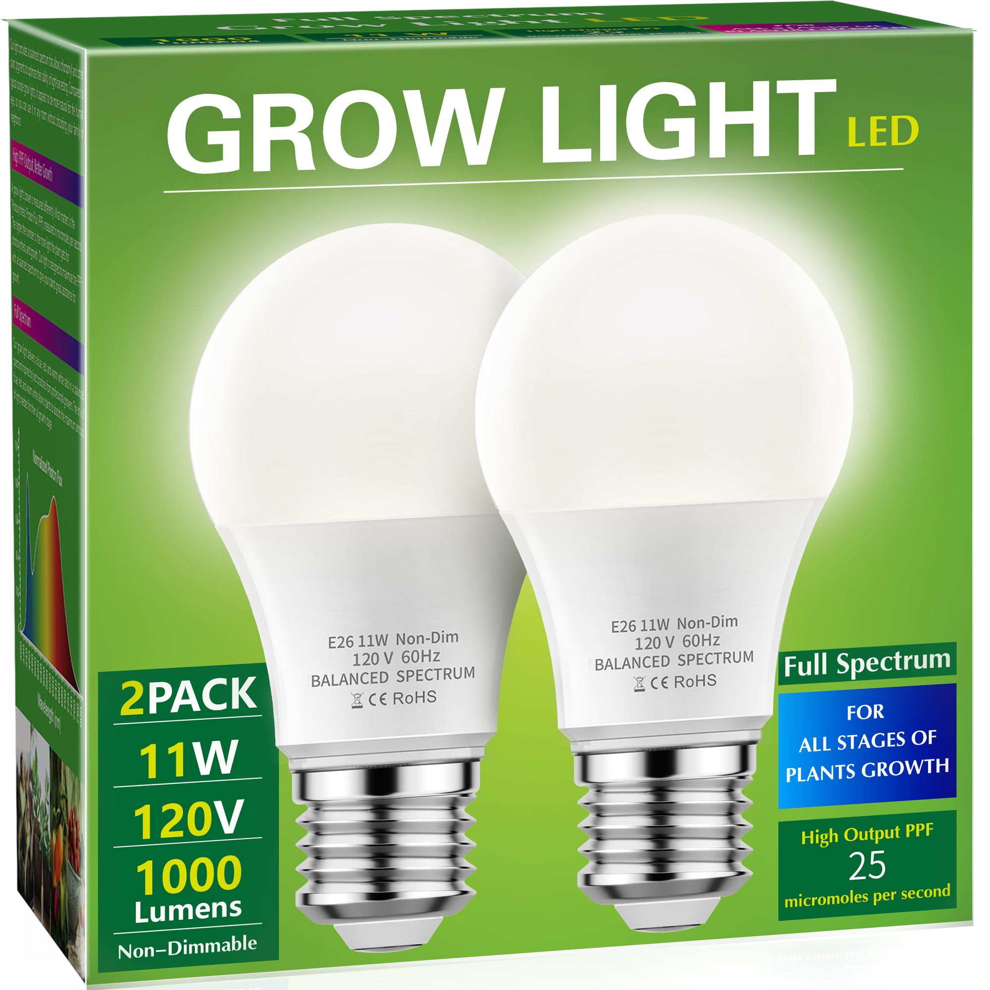 AKSCYZM  Full Spectrum LED Grow Light Bulb A19 E26 Base 11W Equivalent to 100W for Indoor Plants Seed Starting 2 Pack durable home and garden
