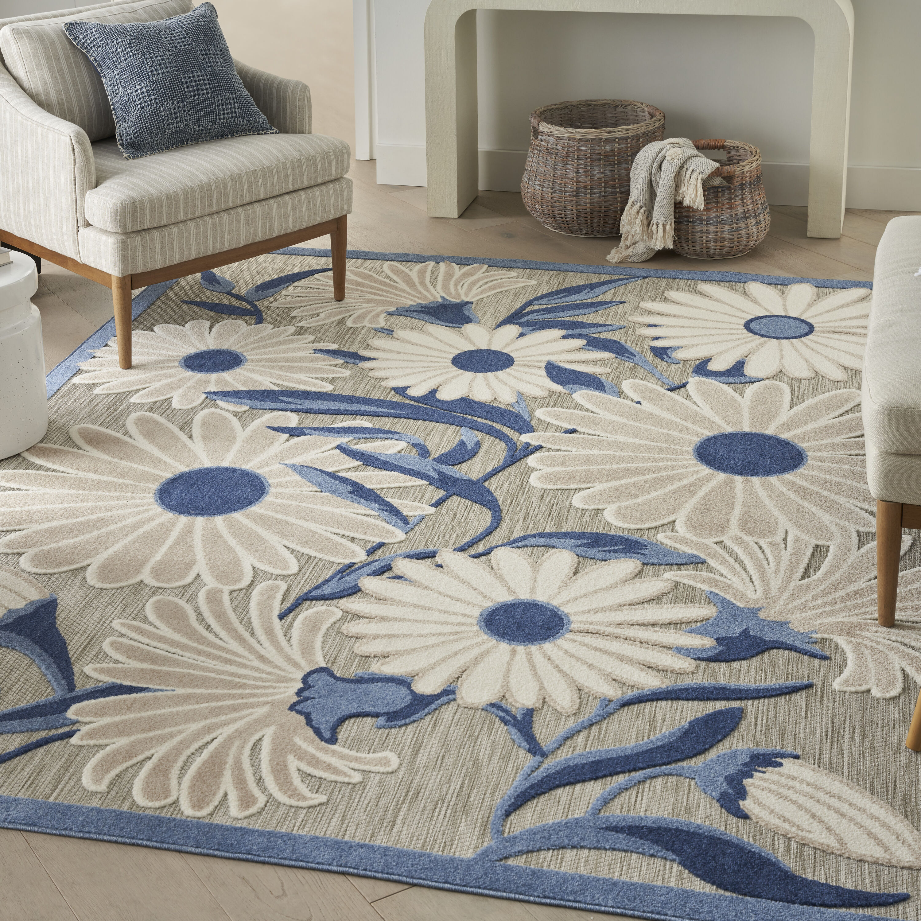 Nourison 099446171849 Aloha 6 x 9 (ft) Loomed Polypropylene Blue Grey Rectangular Indoor/Outdoor Floral/Botanical Tropical Area rug