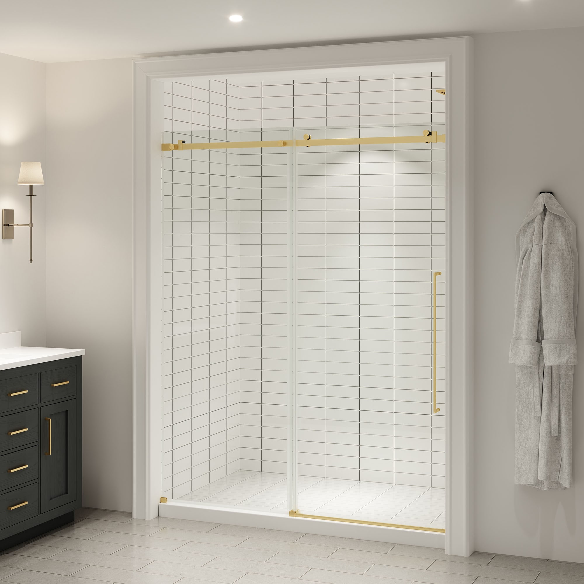 OVE Decors 15SGP-SELB60-GB2 Selby Brushed Gold 59-3/16-in to 60-in W x 74.02-in H Frameless Sliding Shower door 5/16-in Thick Clear Glass