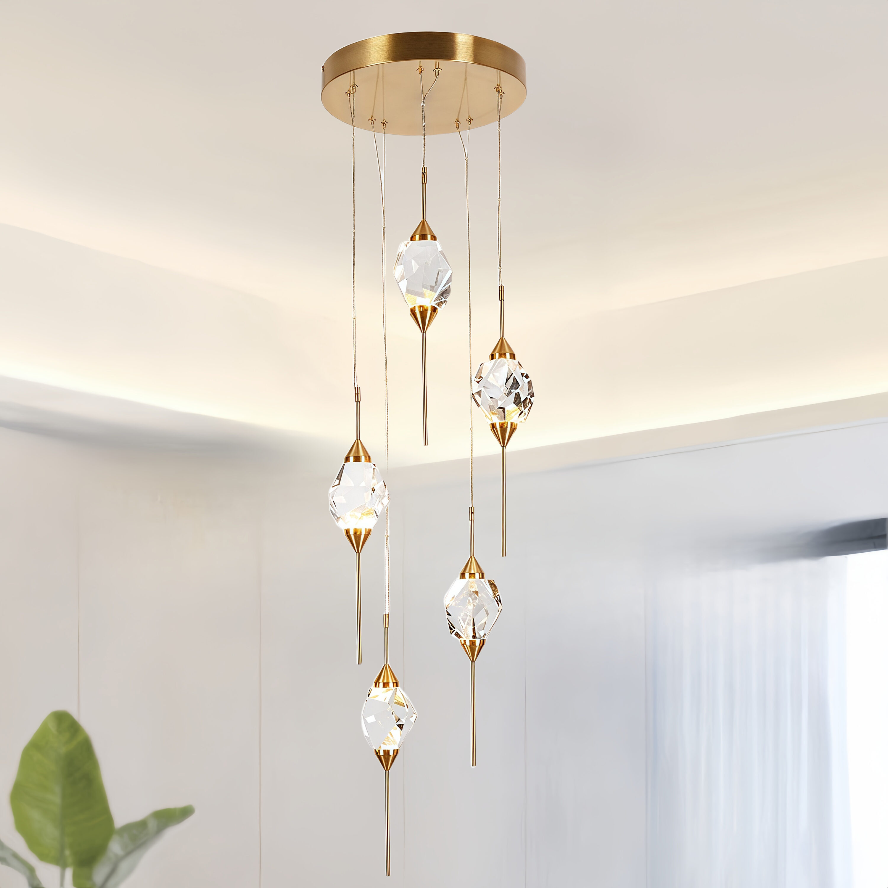 LNC HA0510401 Lucivagus 5 -Light Polished Brass Glam Integrated LED Crystal For Use in Bedrooms, Dining Rooms, Foyers, Kitchens, Living Rooms Chandelier