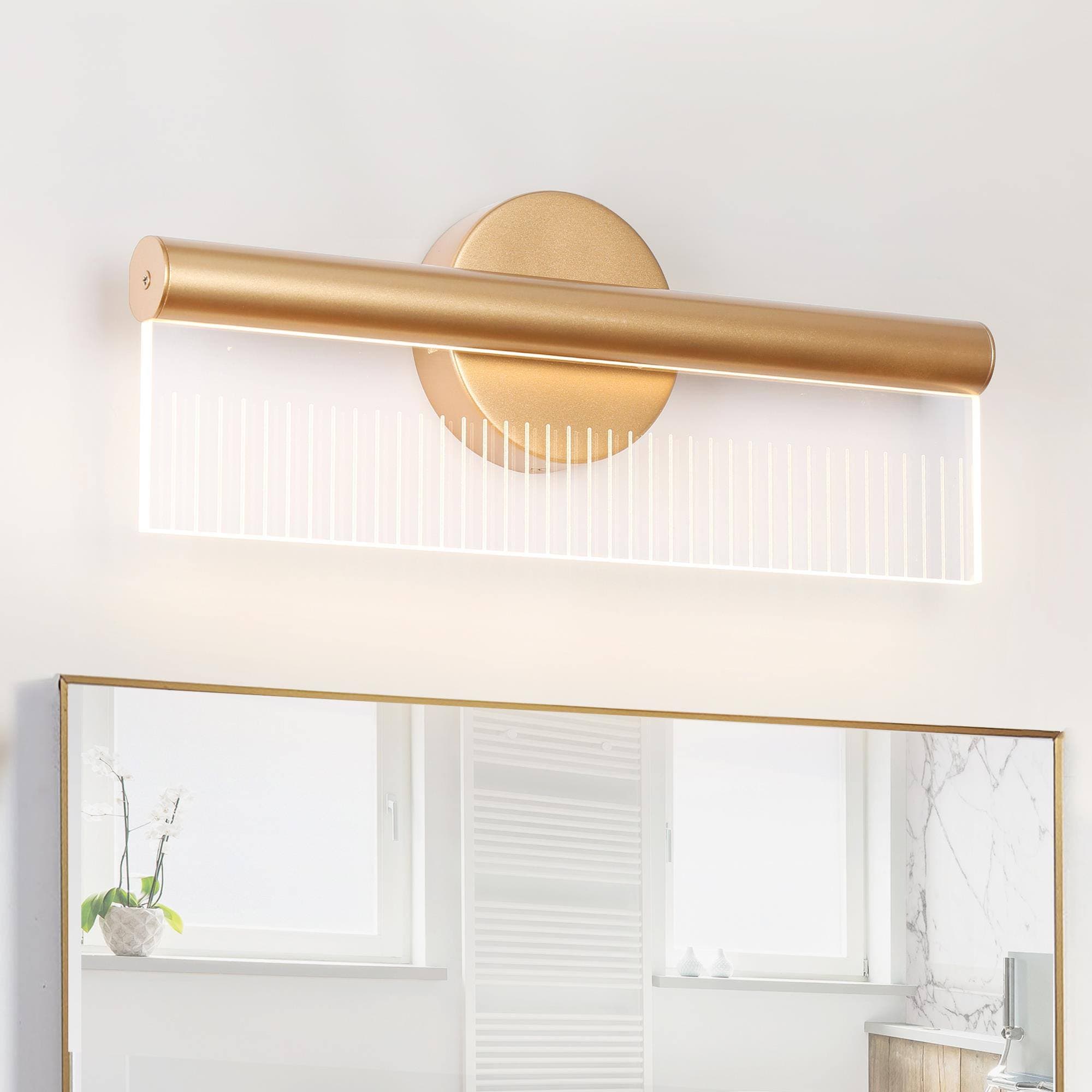 ZEVNI L3MVNF32W4659SQ7 Upend 16.3-in W 1-Light Matte Gold Linear Acrylic Glass Modern/Contemporary LED Wall Sconce