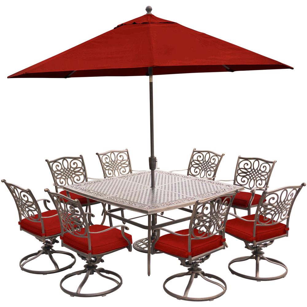 Hanover TRADDN9PCSWSQ8-SU-R Traditions 9-Piece Bronze Patio Dining Set with Red Cushions