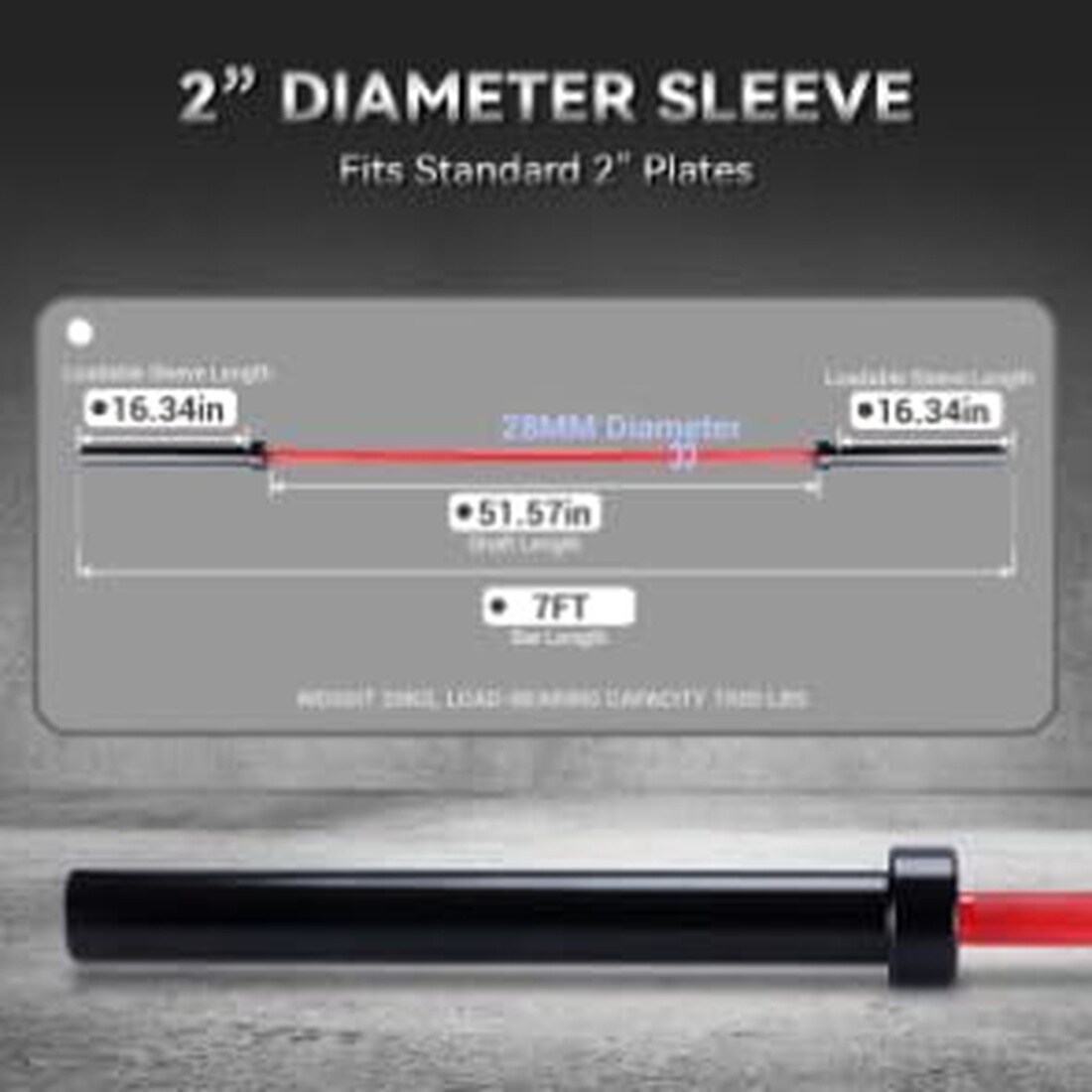GAOMON 86.6in Barbell 1500LBS 50mm Sleeves Black Red Bearing Rotation ...