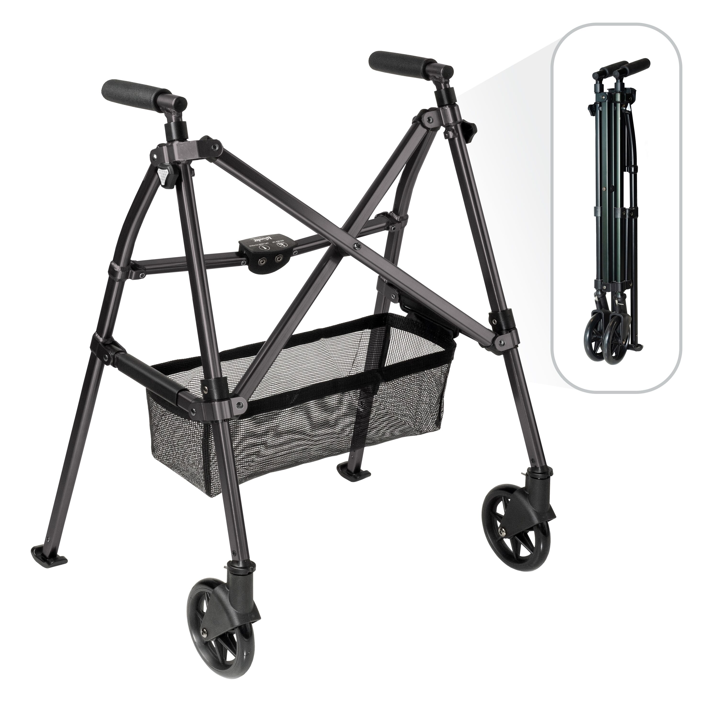Stander Wonder Walker Plus Matte Black Short Height 28 in to 33 in Lightweight Compact Folding Walker with Locking Swivel Wheels and Basket
