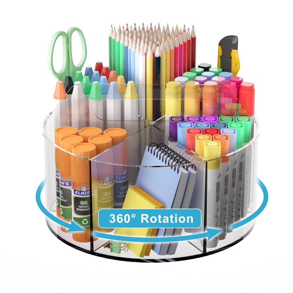 MOEPISY 360 Degree Rotating Acrylic Desk Organizer with 6 Compartments Pencil Holder and Art Supply Storage for Office and Kids