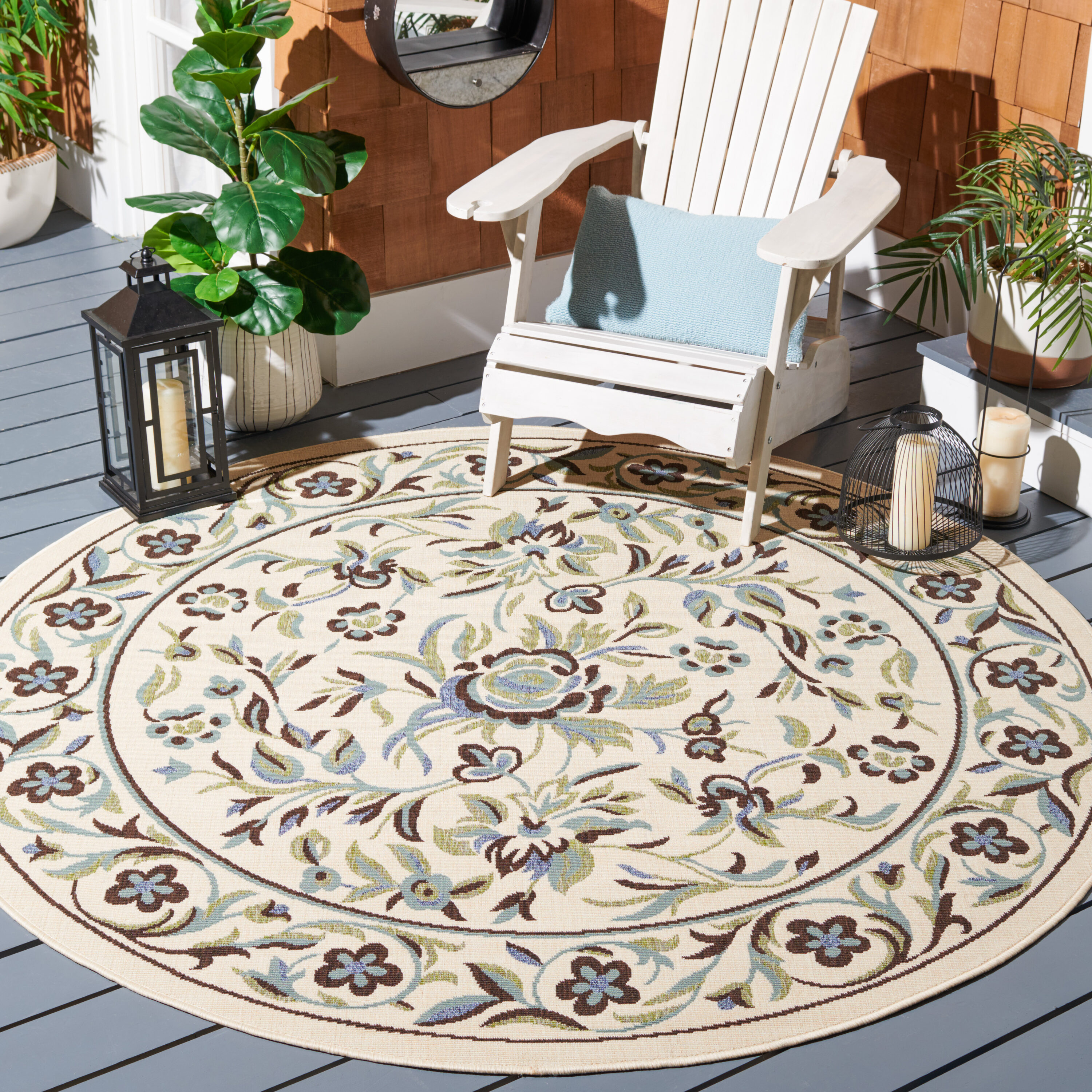 Safavieh VER011-0614-7R Veranda 7 x 7 (ft) Loomed Synthetic Cream/Green Round Indoor/Outdoor Floral Tropical Area rug