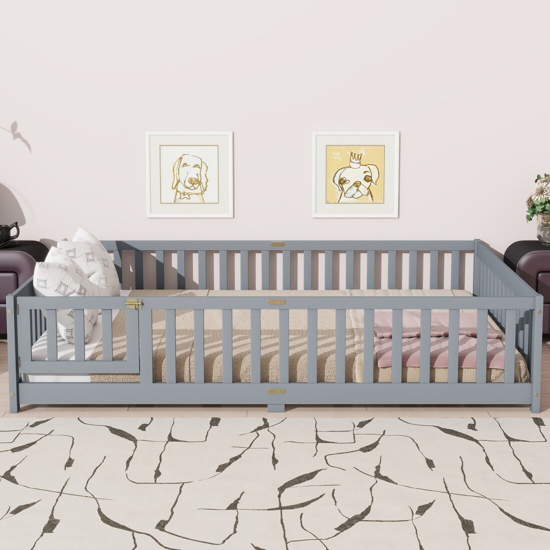 CHITA Queen Size Modern Solid Wood Floor Bed with Guardrails for Kids ...