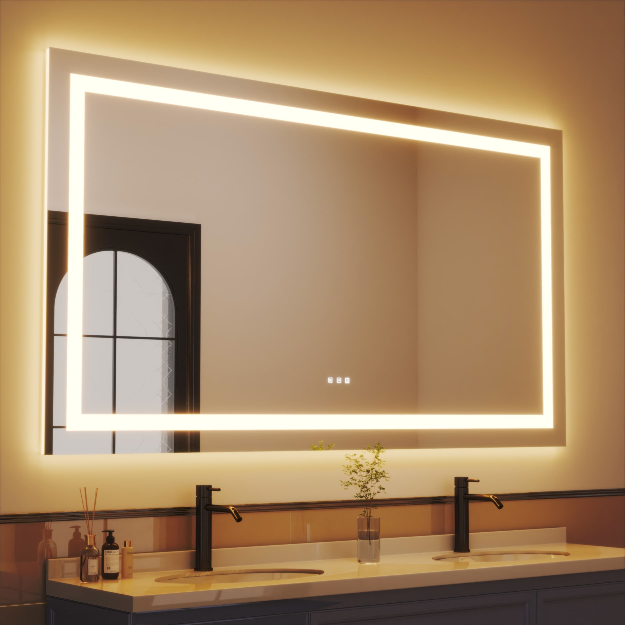 waterpar WPLO-2317 Backlit + Frontlit 72-in x 40-in Polished Frameless Rectangle Dimmable Lighted Fog Free Bathroom Vanity Mirror ( Clear )