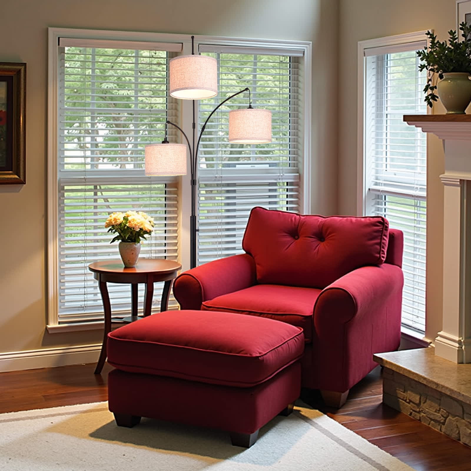 BIGHOUSE 3002010385 81'' Tall 3-Light Tree Floor Lamp With Textured Cream Linen Shades 3000K Soft Warm Rotary Switch Matte Black Metal Pole (3 LED Bulbs Included)