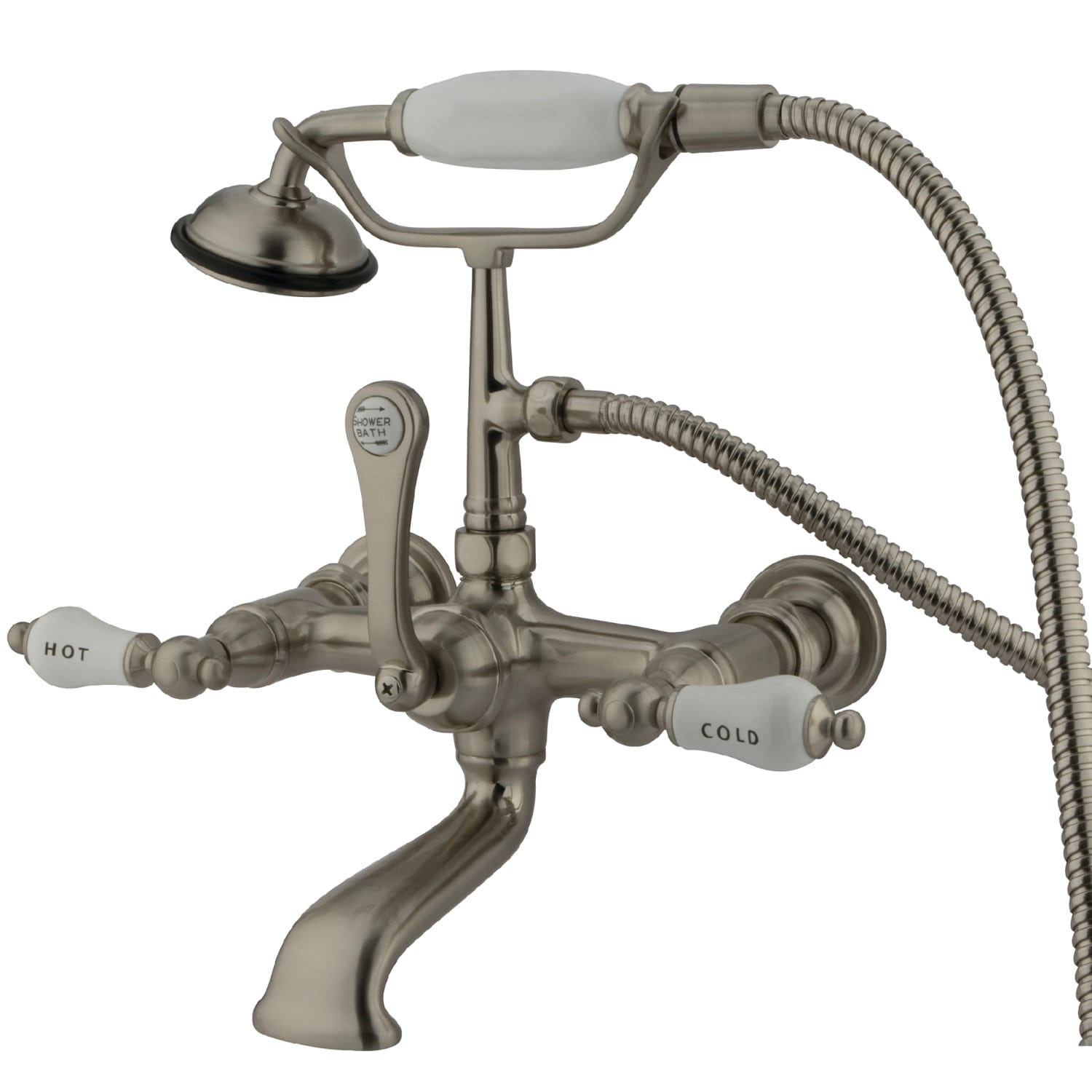 Kingston Brass WLCC555T8 Vintage Brushed nickel 3-handle Wall-mount Low-arc Bathtub Faucet with Hand Shower ( Valve Included )