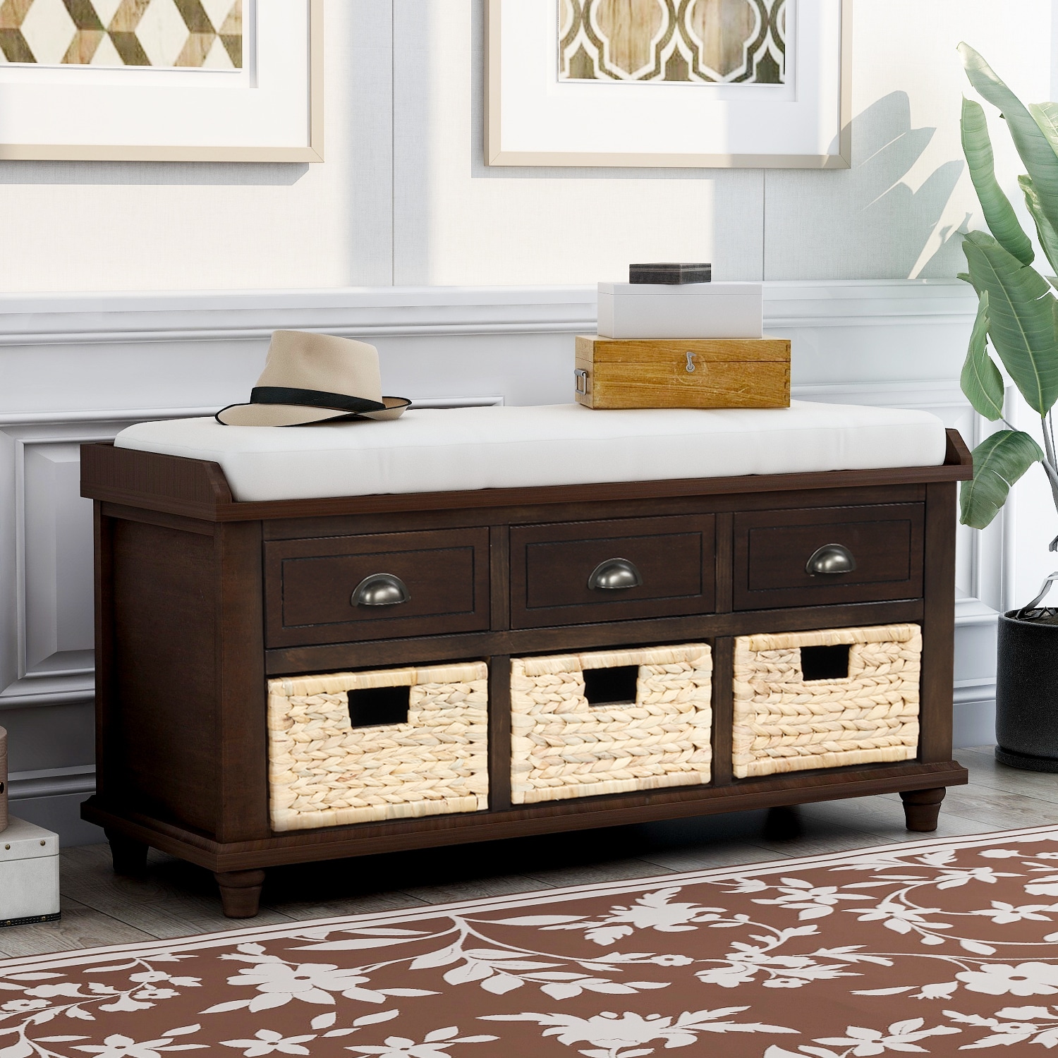 ModernLuxe L-WF195161AAB Modern Espresso Storage Bench with Storage 42.1-in x 15.4-in x 21-in