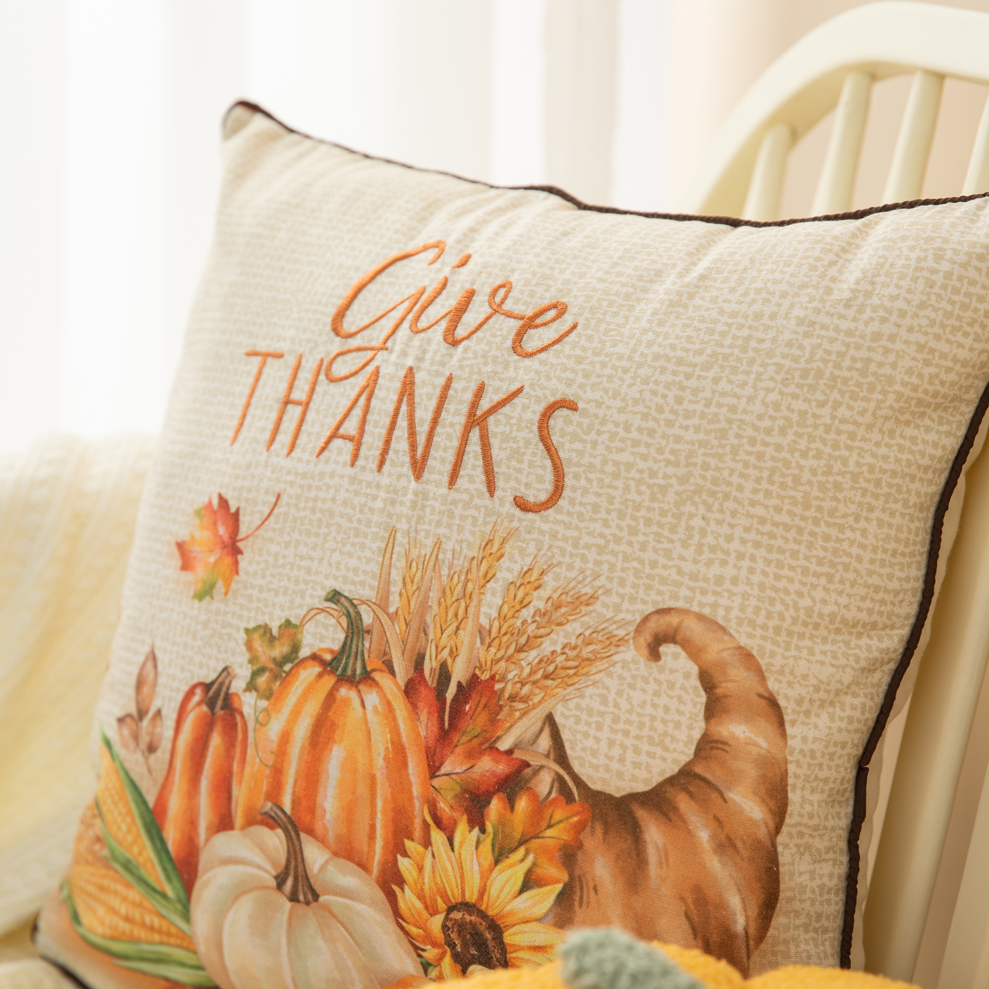 Glitzhome 20 in. Fall Embroidered Pumpkin Pillow