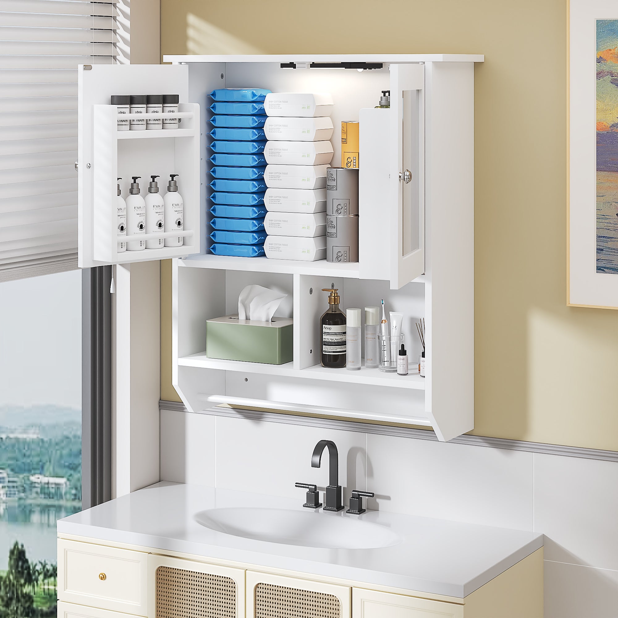 Vecelo Bathroom Wall Cabinet with Motion Sensor LED Light Medicine Cabinet with Adjustable Shelves Wall Mounted Storage Organizer for Bathroom Kitchen Laundry Room #LOE-CD-GYD01-WHE