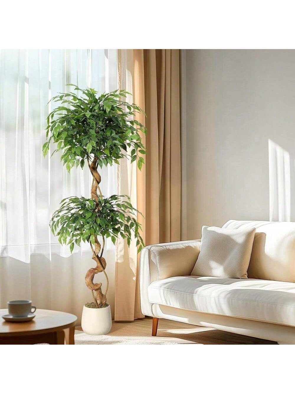 Qeetex PHK-33CB7WKM-HF4 5ft Banyan Tree Artificial Tree. Artificial Plant Fake Silk Tree with White Flower Pot. Fake Banyan Tree for Home Decoration. Indoor Outdoor Living Room