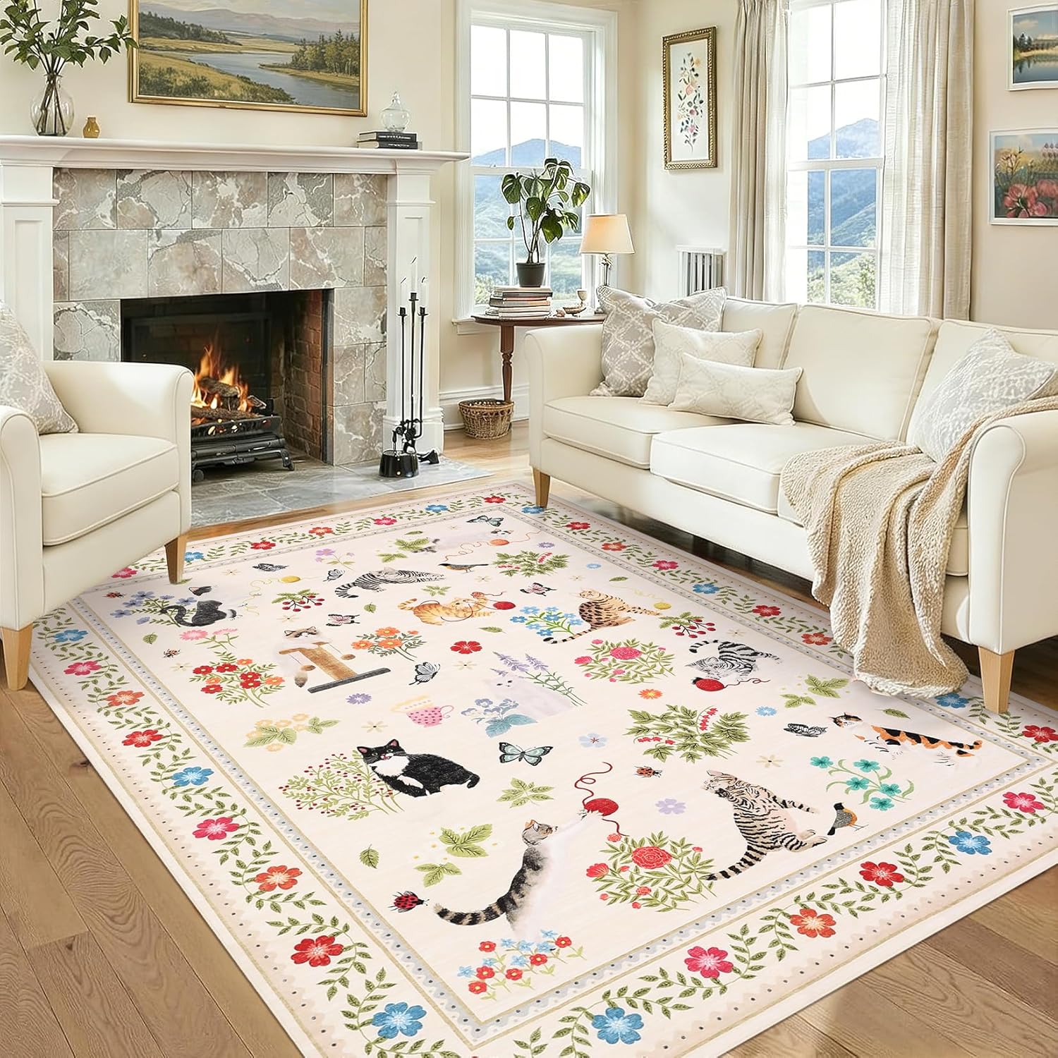 IdealHouse Washable Rug 8x10 Large Cat Rugs for Living Room Non Slip Non Shedding Floral Border Farmhouse Rug Stain Resistant Low Pile Foldable Mats for Bedroom Dining Room Nursery Office Beige #LUCY-PKIUAWZSM276