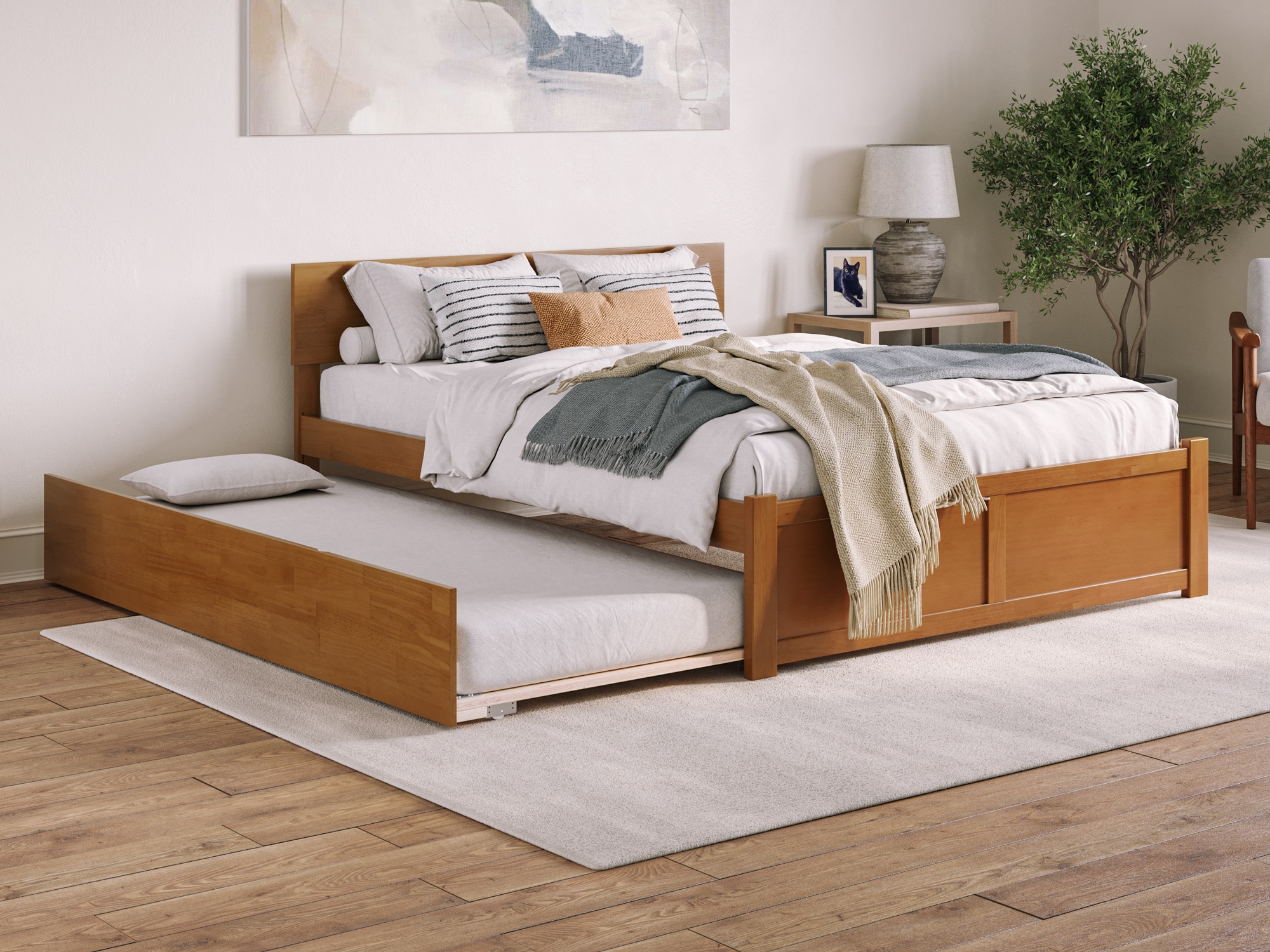 Light Brown Queen Wood Platform Bed with Storage Drawer