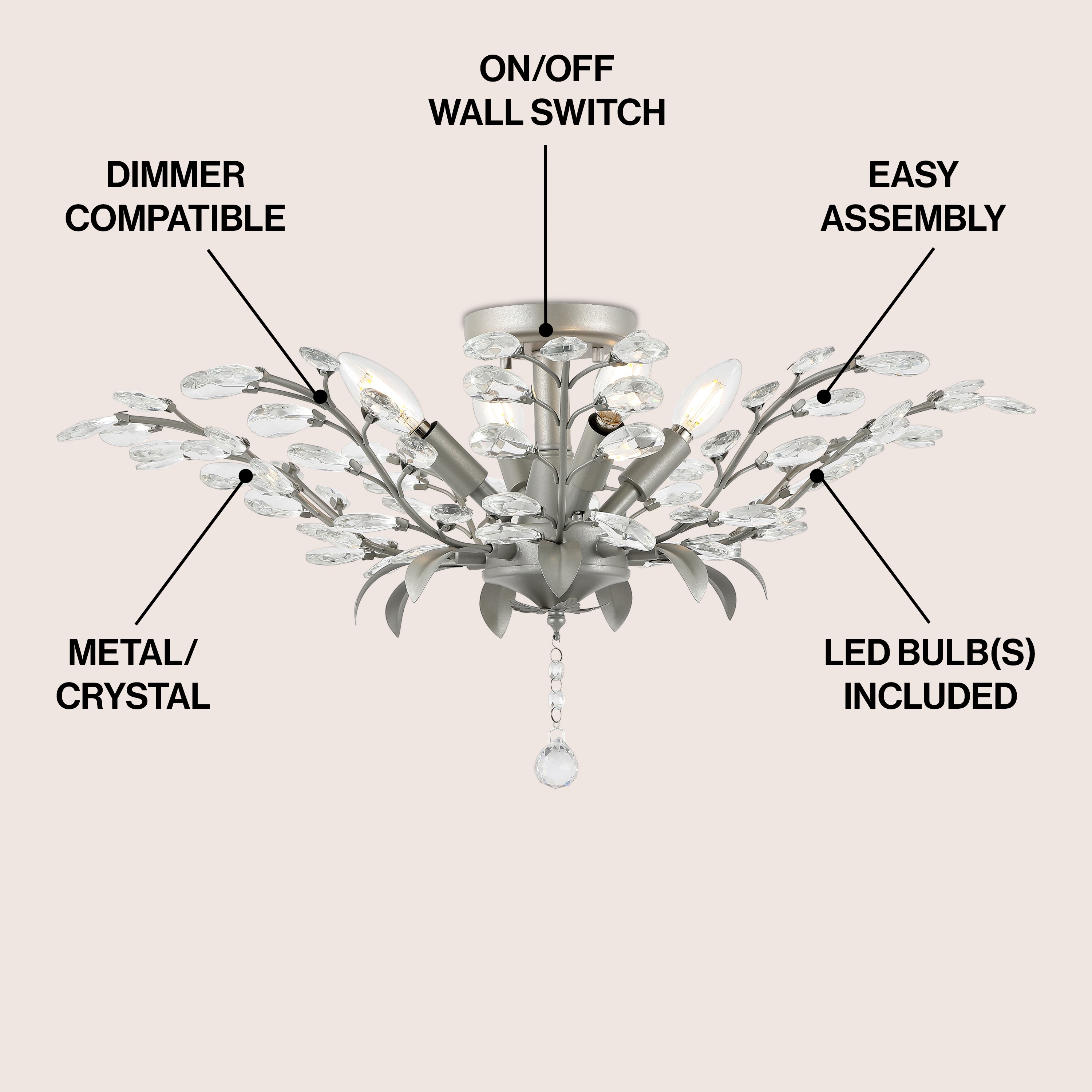 Bohemian Silver Crystal 26" LED Antler Ceiling Light