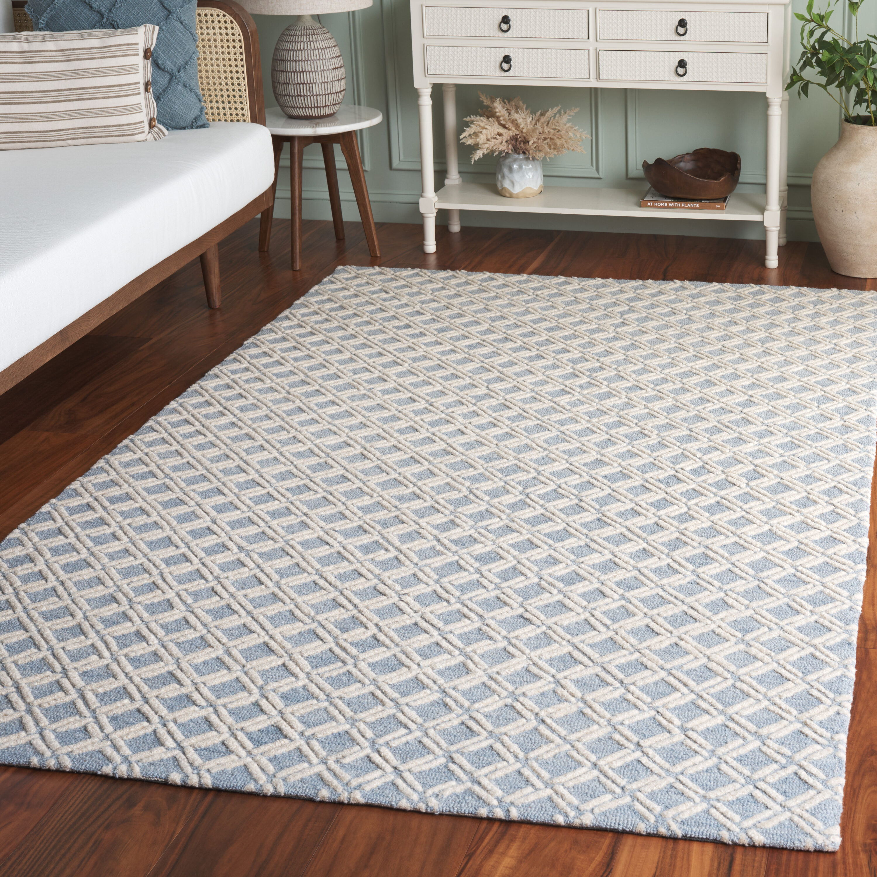 Genre 5 x 8 (ft) Tufted Wool Blue/Ivory Rectangular Indoor Geometric Mid-Century Modern Professionally Clean Only Area rug